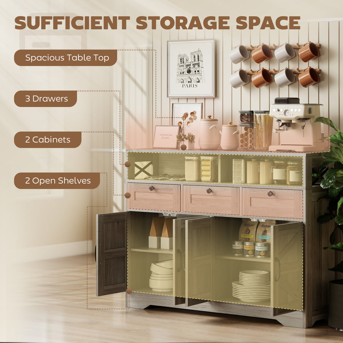 Sideboard, Buffet Cabinet with 4 Barn Doors and 3 Drawers, Coffee Bar Cabinet with Adjustable Shelves, Black