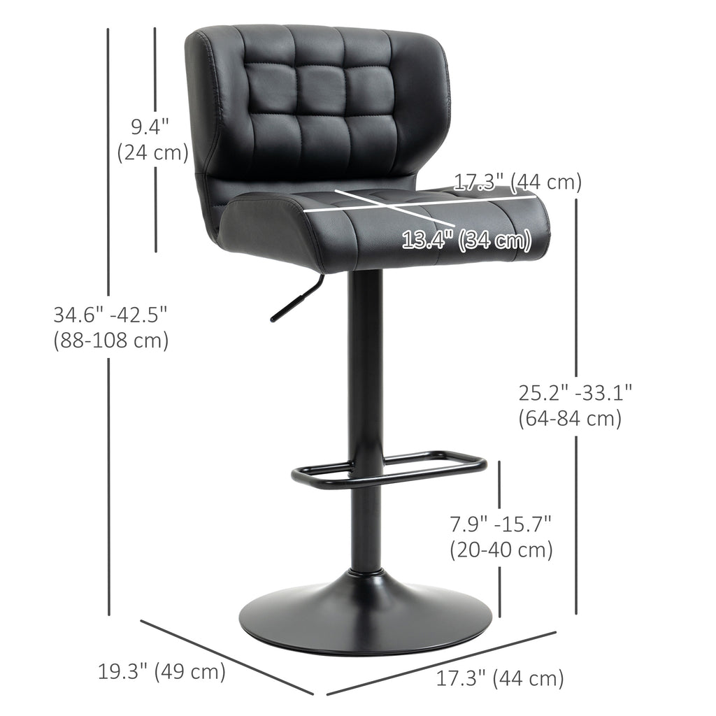 Swivel PU Leather Barstools Set of 2 Adjustable Bar Stools with Footrest Back for Kitchen Counter Dining Room Black