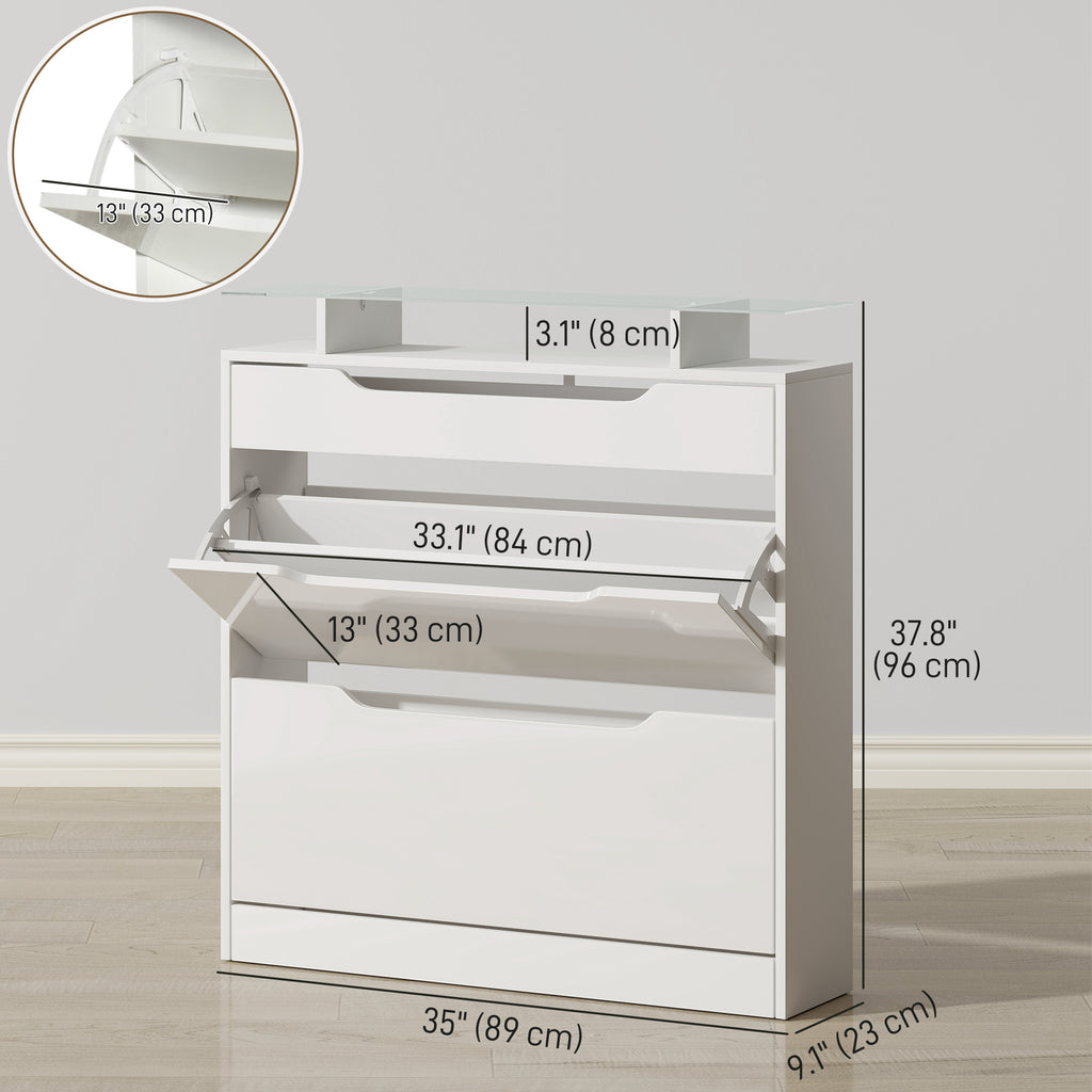High Gloss Shoe Cabinet with 2 Flip Drawers and Adjustable Shelves, Narrow Shoe Storage Cabinet with Glass Top, White