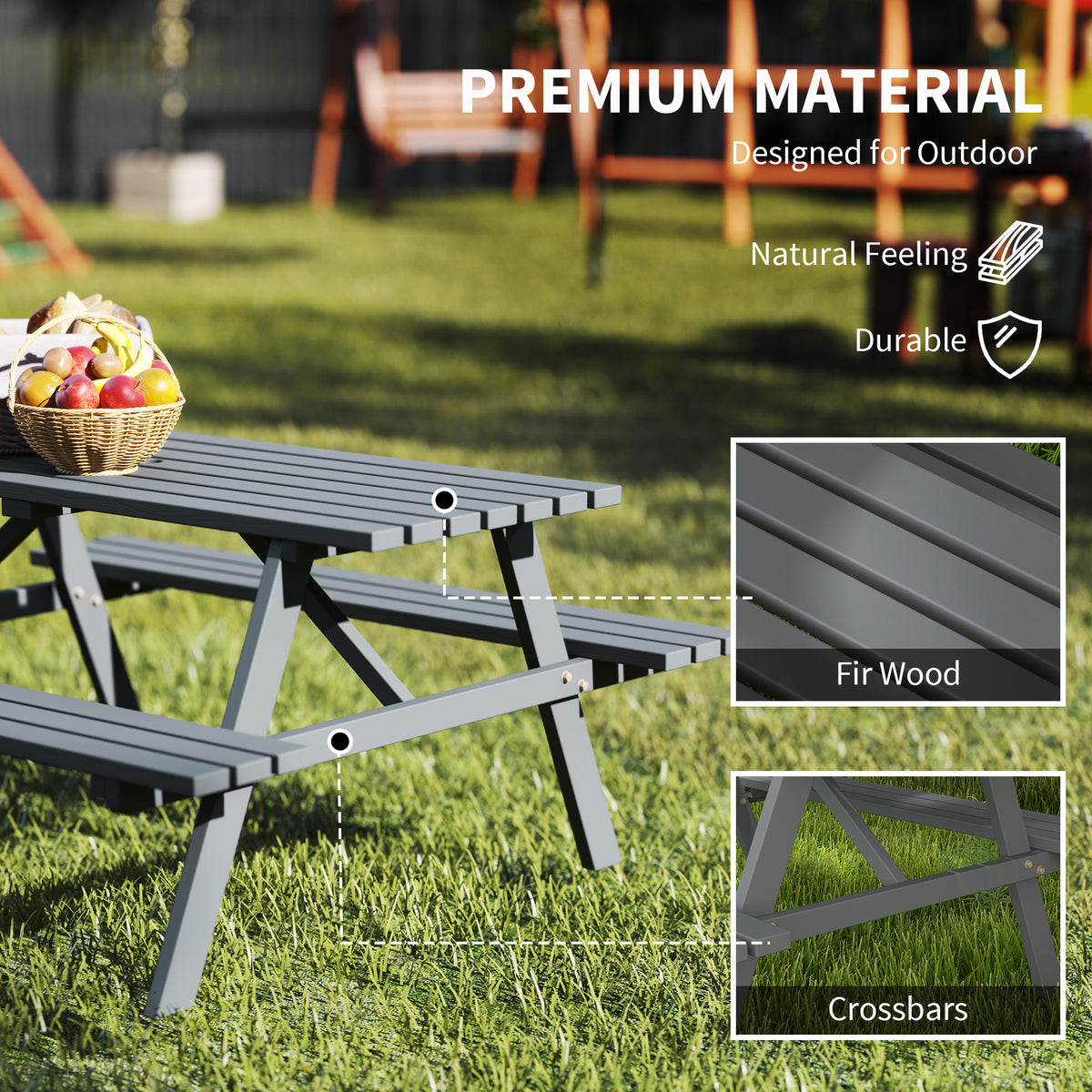 Wood Picnic Table, Camping Table and Bench Set with Umbrella Hole for Outdoor, Garden, Patio, Backyard, Grey
