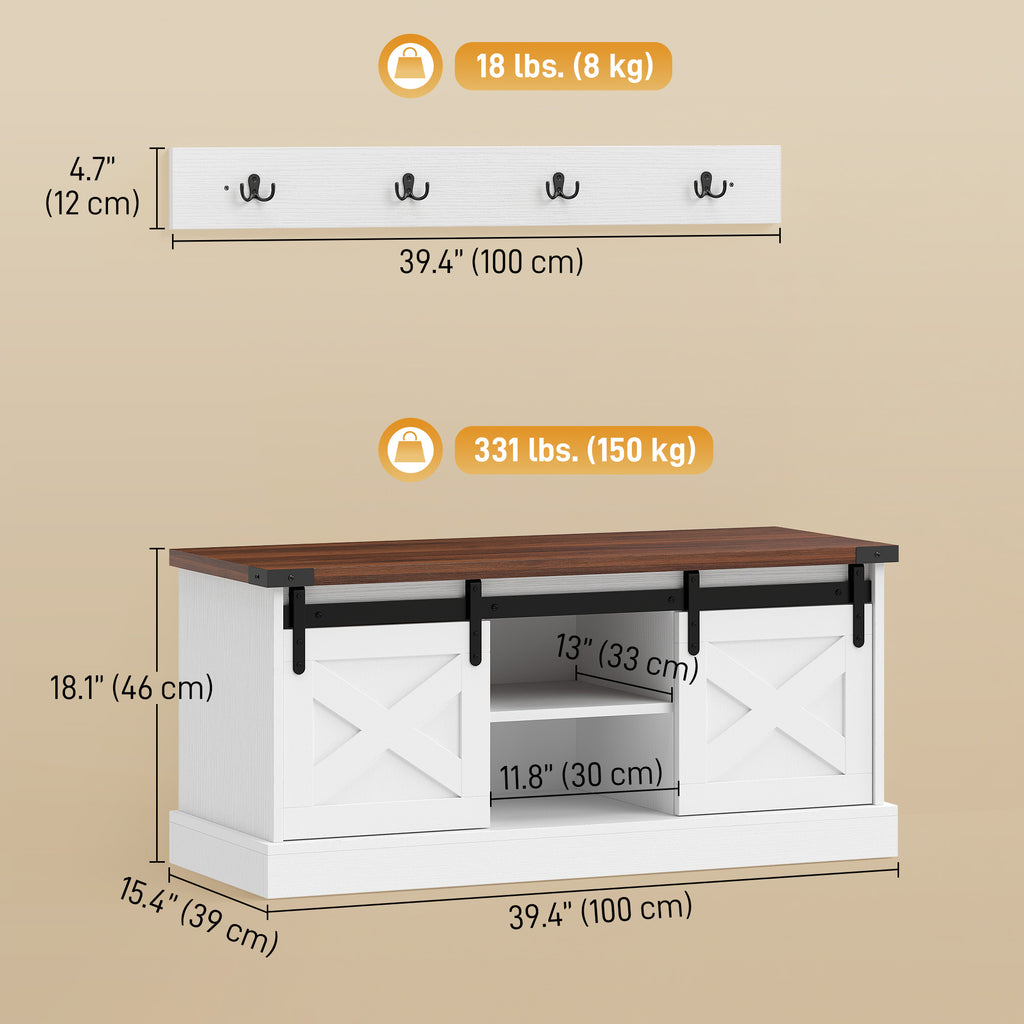 Coat Rack Shoe Bench Set 2-Piece Hall Tree Storage 4 Hooks Sliding Barn Doors White and Dk Walnut
