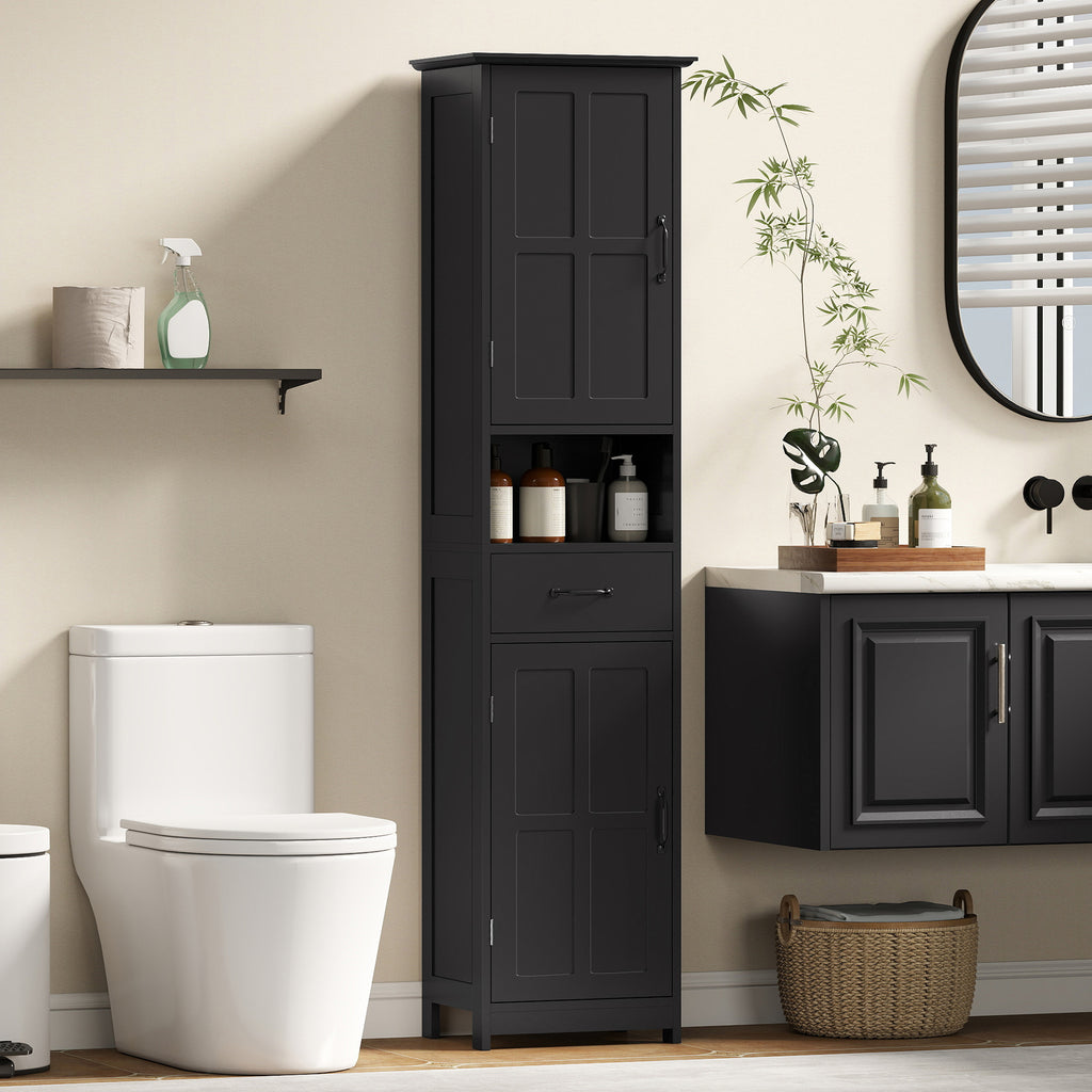 Modern Bathroom Cabinet, Narrow Bathroom Vanities with Open Shelf Drawer Recessed Doors and Adjustable Shelves White