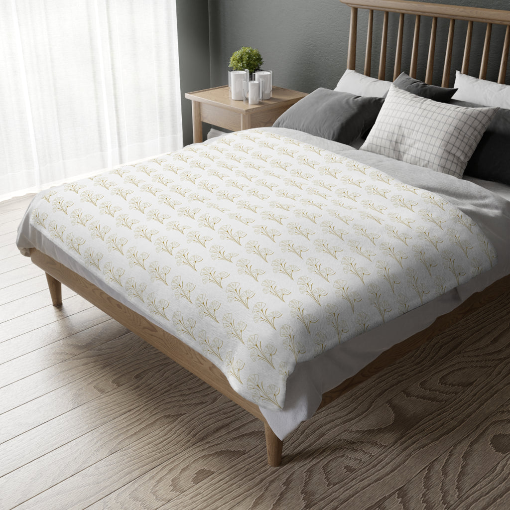 Botanical Velvet Throw Blanket - Neutral Gold Floral Microfiber, Reversible Two-Sided Cozy Throw