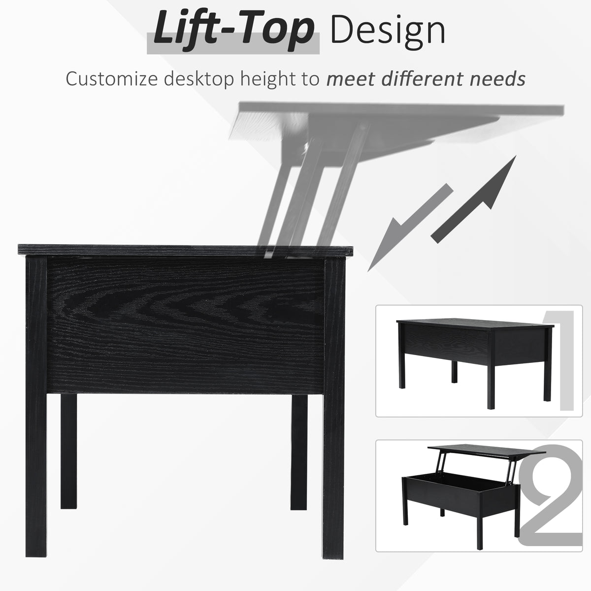 39" Modern Lift Top Coffee Table with Hidden Storage Compartment, Center Table for Living Room, Black