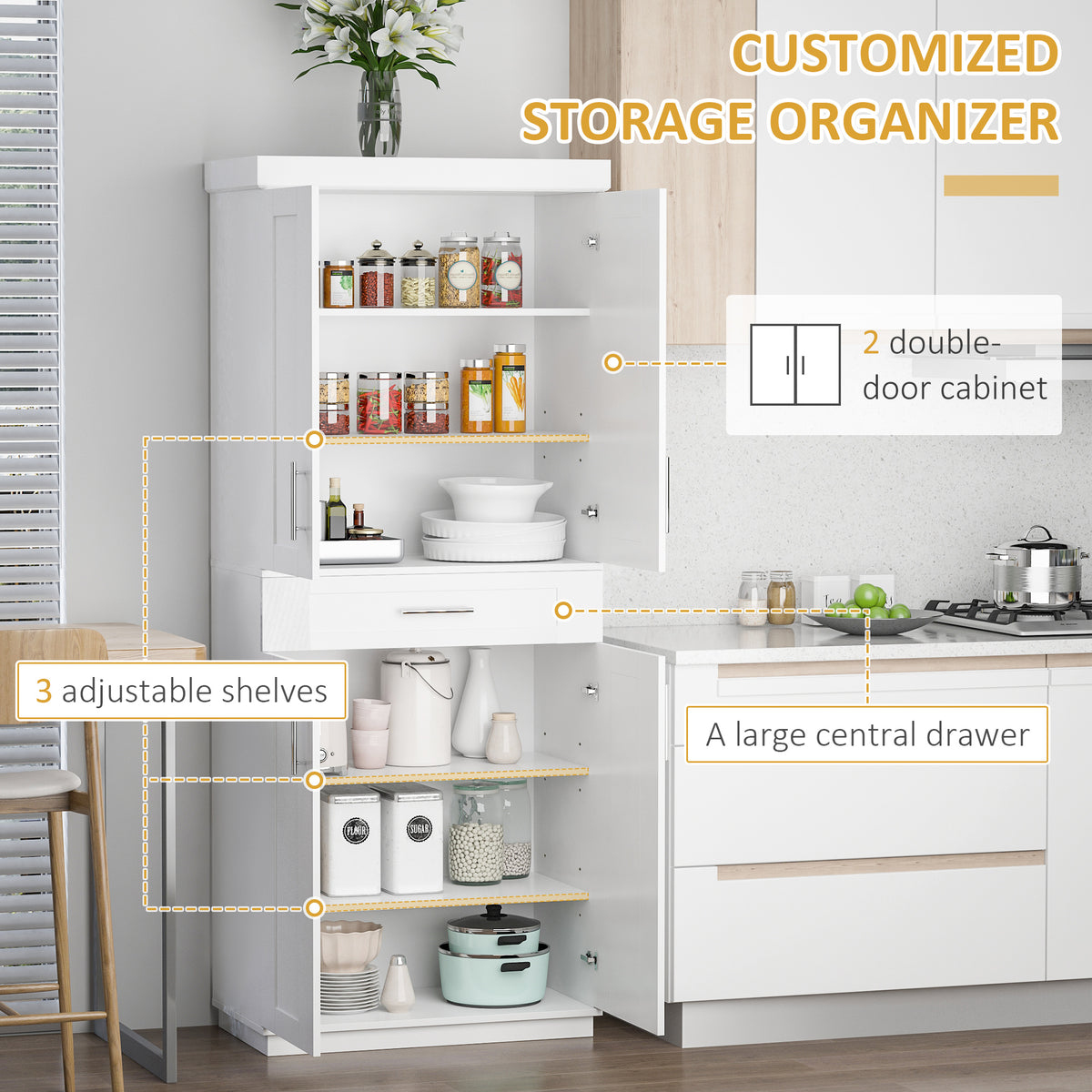 72" Storage Cabinet, Freestanding Kitchen Pantry Cabinet with 4 Doors, Drawer and 3 Adjustable Shelves, White