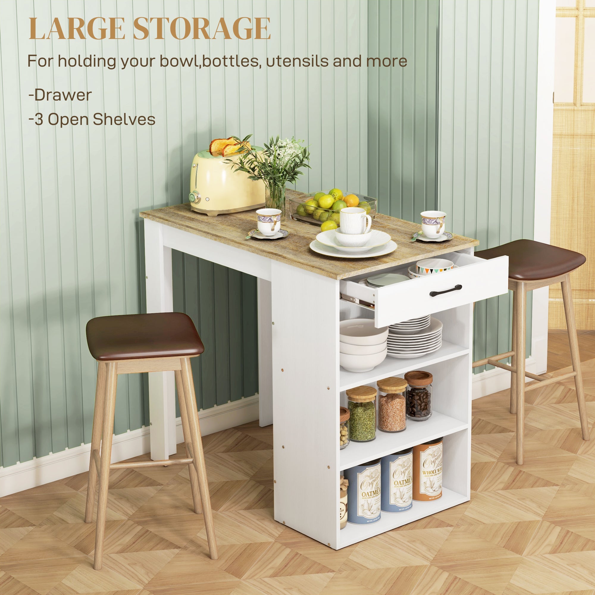 Bar Table with Drawer and 3 Storage Shelves, Bar Height Table, High Top Pub Table for Home Bar, Kitchen, Grey
