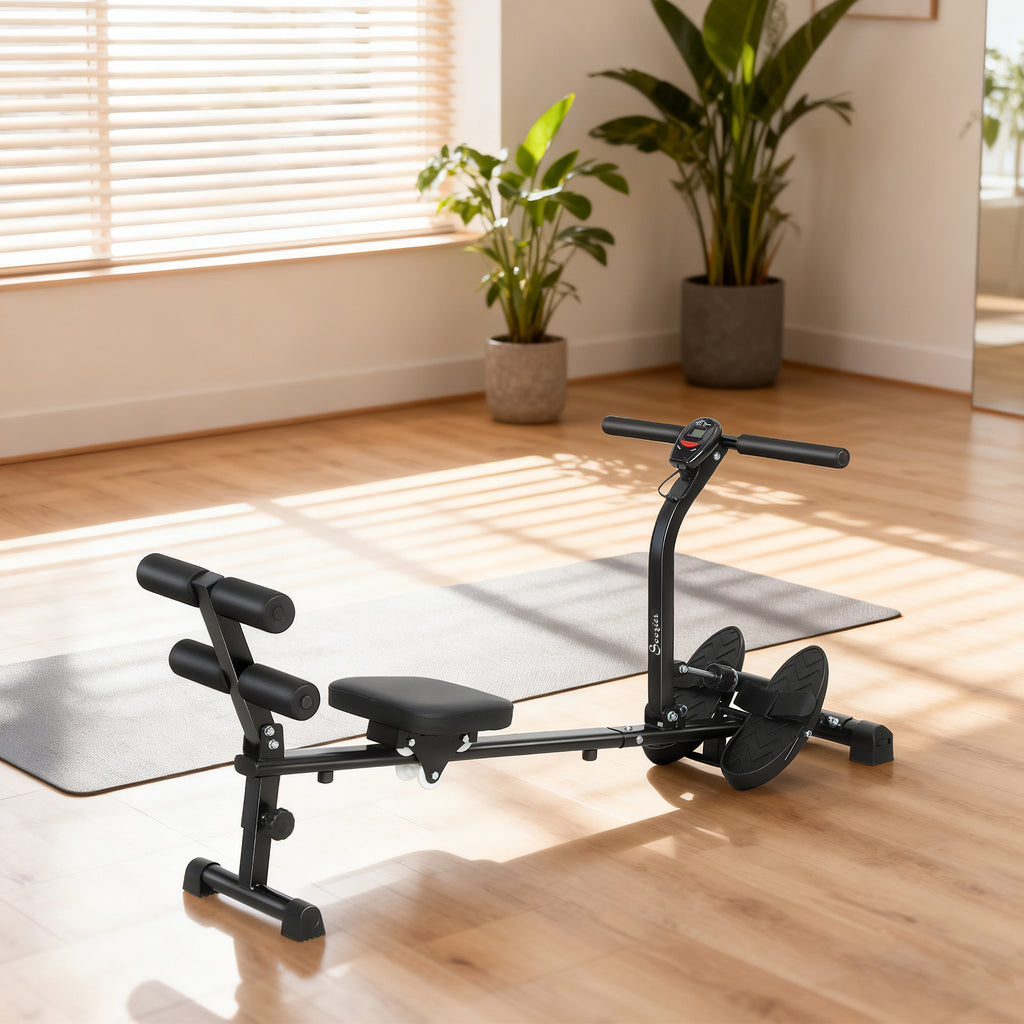 Soozier Hydraulic Rowing Machine with LCD Monitor, Sit-Up Function for Home Gym, Black