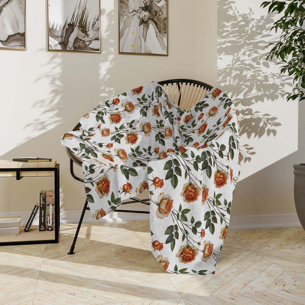 Floral Velveteen Blanket — Vintage Orange Rose Microfiber Throw
