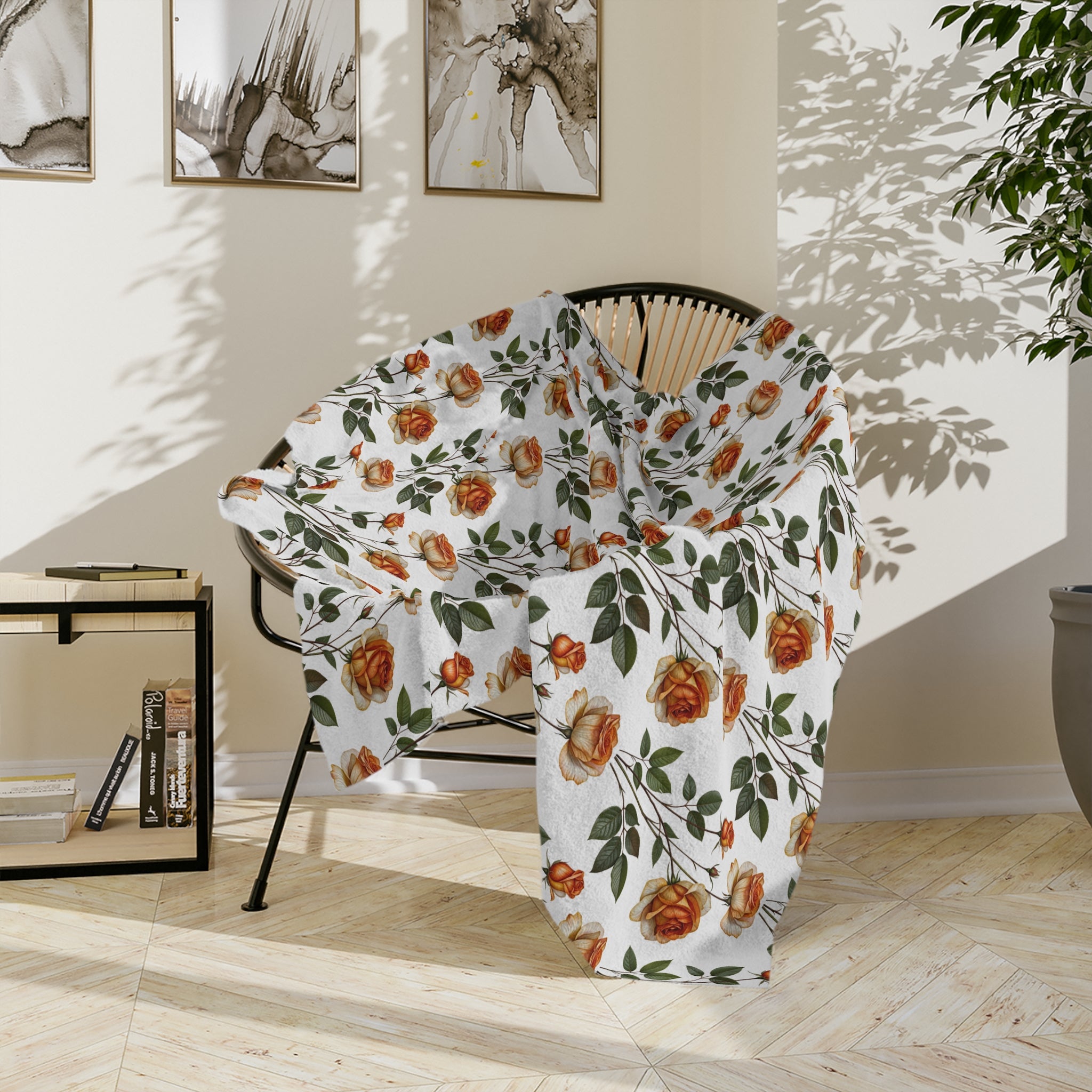 Floral Velveteen Blanket — Vintage Orange Rose Microfiber Throw
