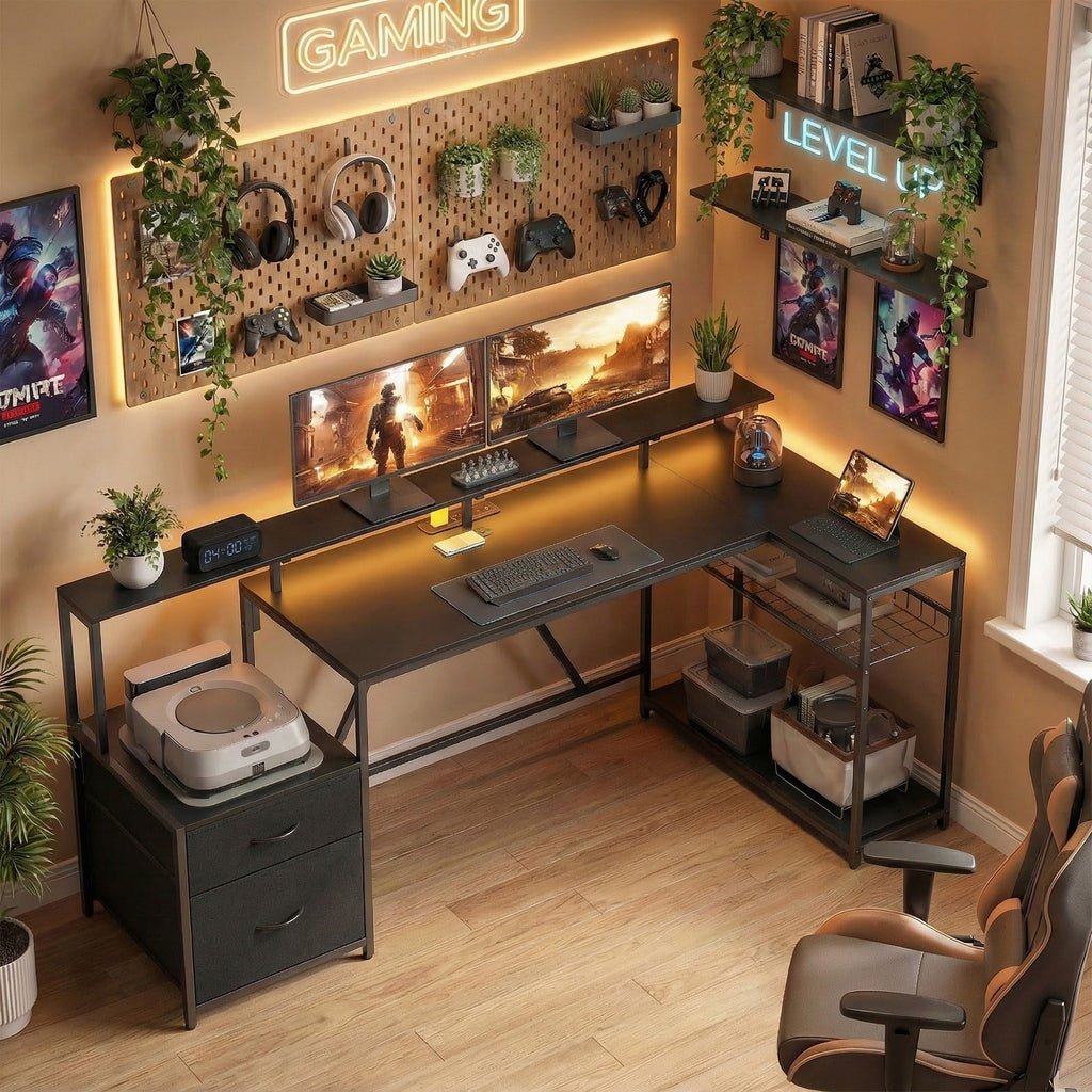 76" Gaming Desk, Reversible Computer Table with RGB Lights, USB Ports, Monitor Stand and 2 Fabric Drawers, White