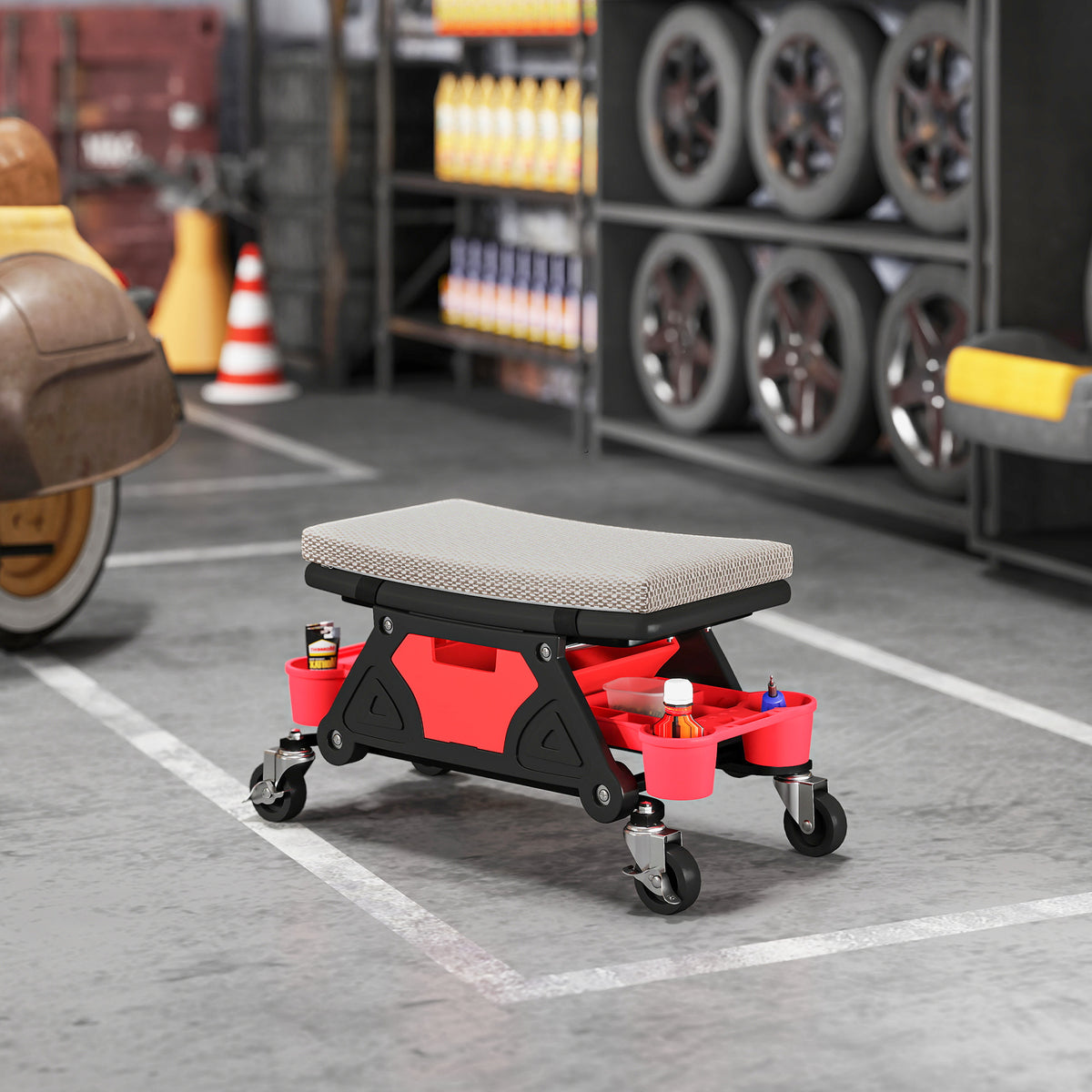 Rolling Garage Stool with Wheels, 300 LBS Capacity Padded Mechanic Stool with Tool Trays Storage, Grey
