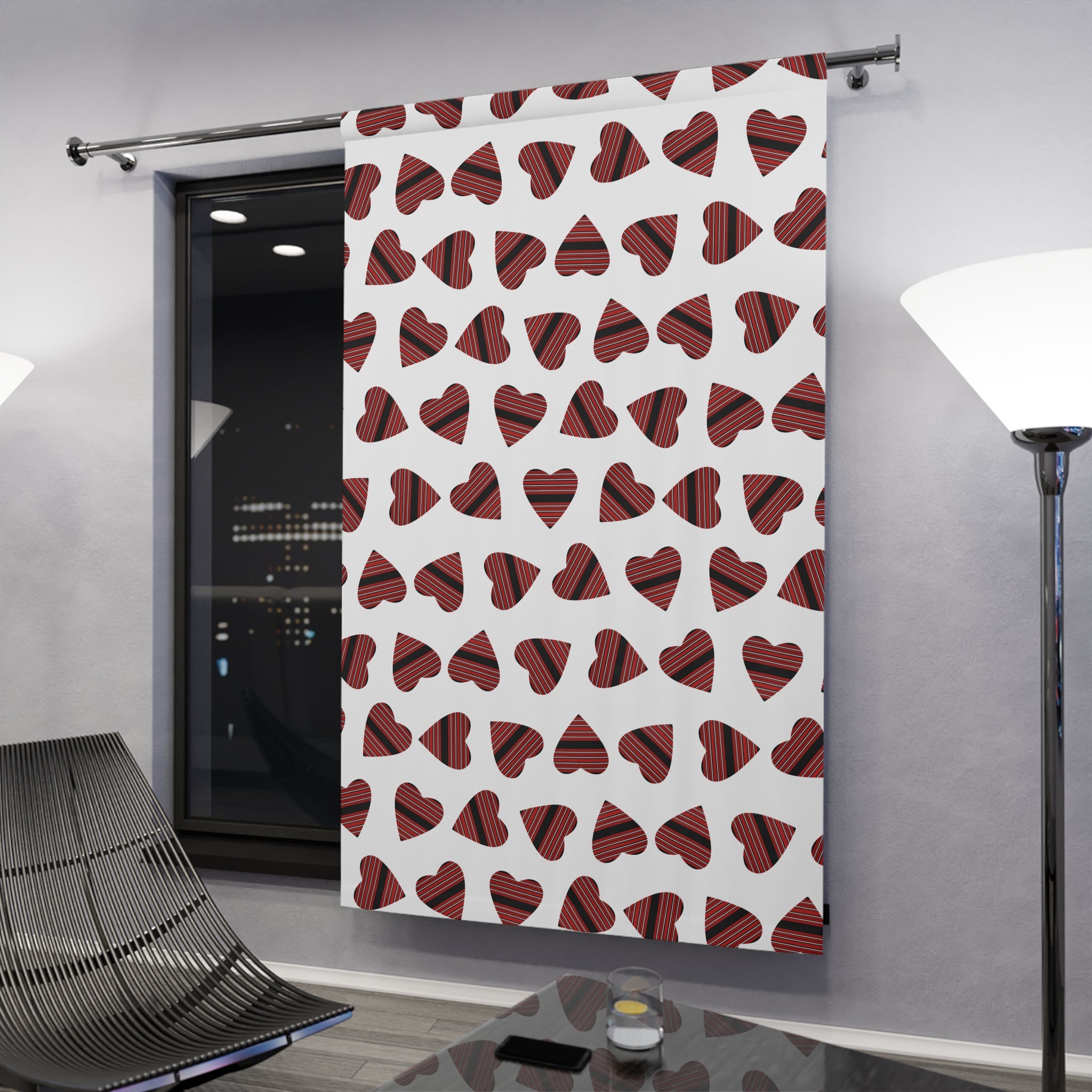 Heart Pattern Window Curtain — Red Striped Hearts Single Panel Curtain for Valentine’s Day & Romantic Decor