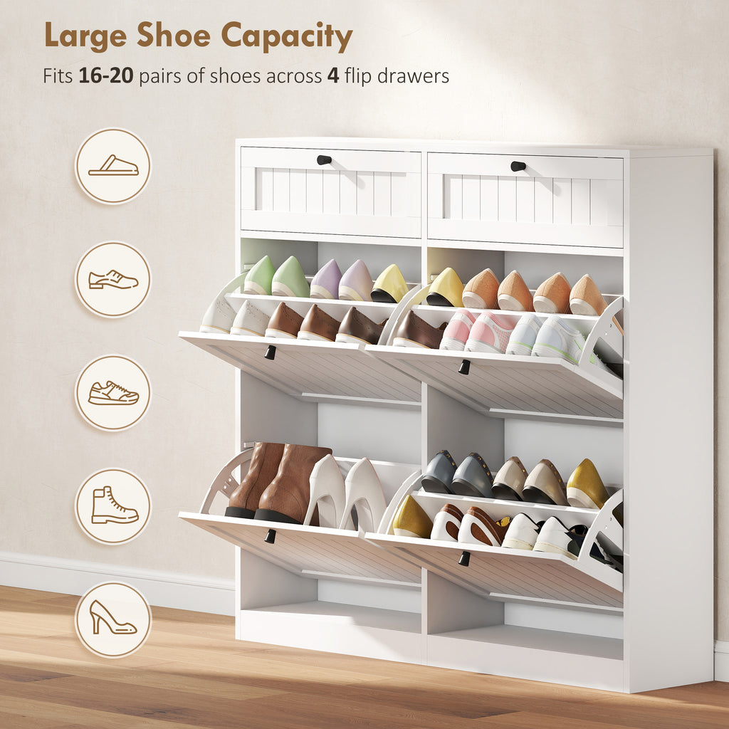 Shoe Cabinet with 2 Large Flip Drawers, Farmhouse Narrow Shoe Storage Cabinet with 2 Top Compartments, White