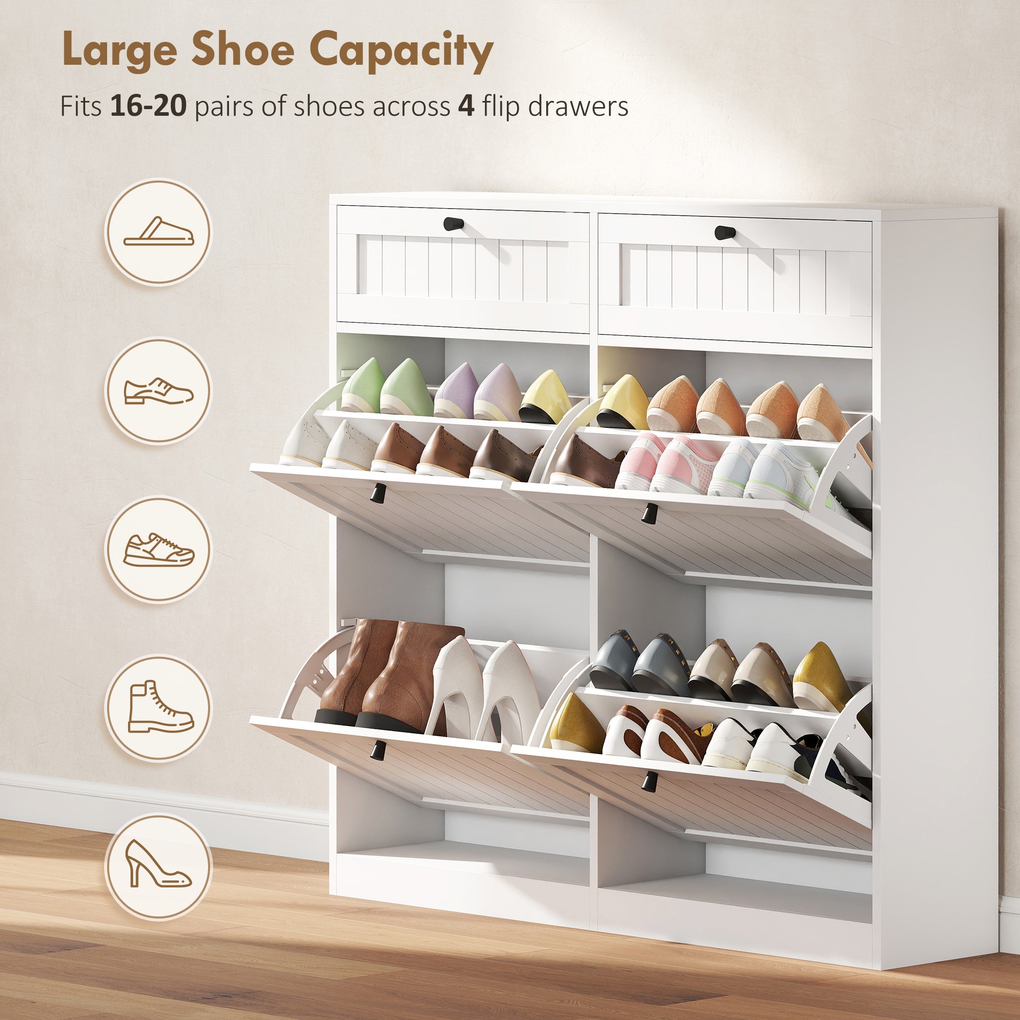 Shoe Cabinet with 2 Large Flip Drawers, Farmhouse Narrow Shoe Storage Cabinet with 2 Top Compartments, White