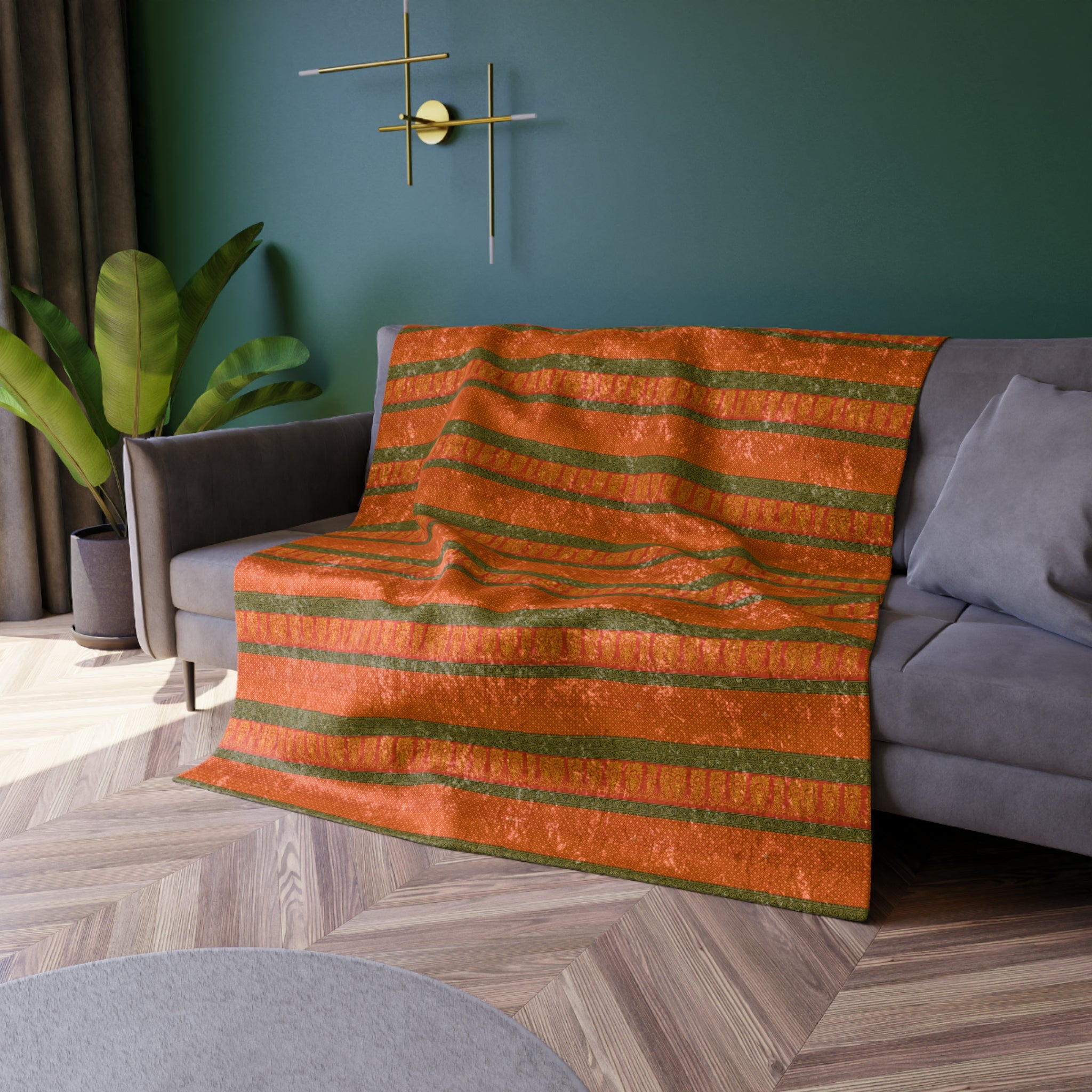Crushed Velvet Throw Blanket — Orange & Olive Striped Velvet Cozy Accent
