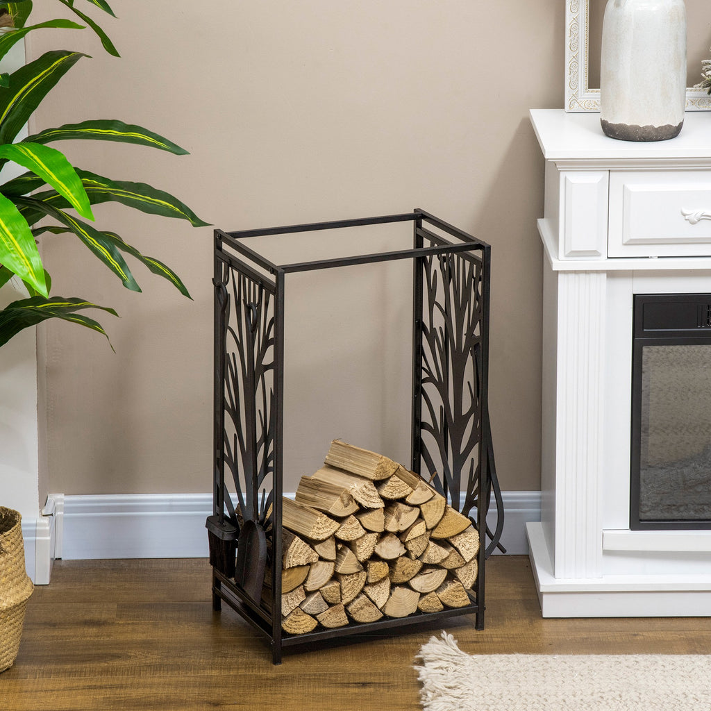 18.1" x 11.8" x 27.6" Firewood Rack with 4 Tools, Log Holder for Fireplace, Outdoor Indoor Wood Storage Stacker, Black