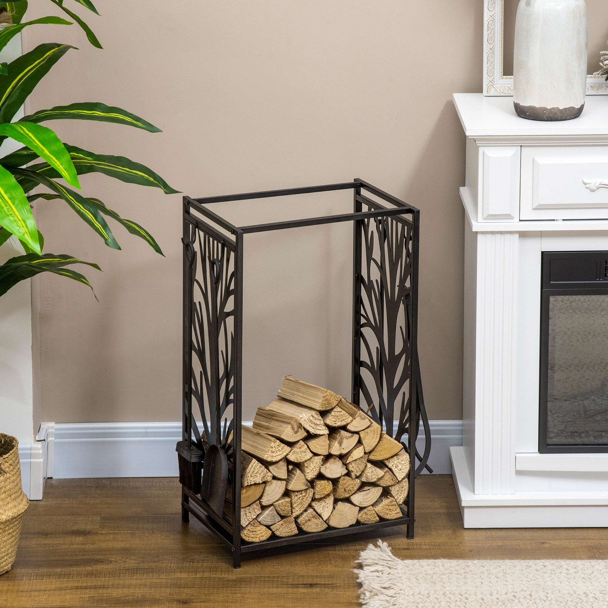 18.1" x 11.8" x 27.6" Firewood Rack with 4 Tools, Log Holder for Fireplace, Outdoor Indoor Wood Storage Stacker, Black