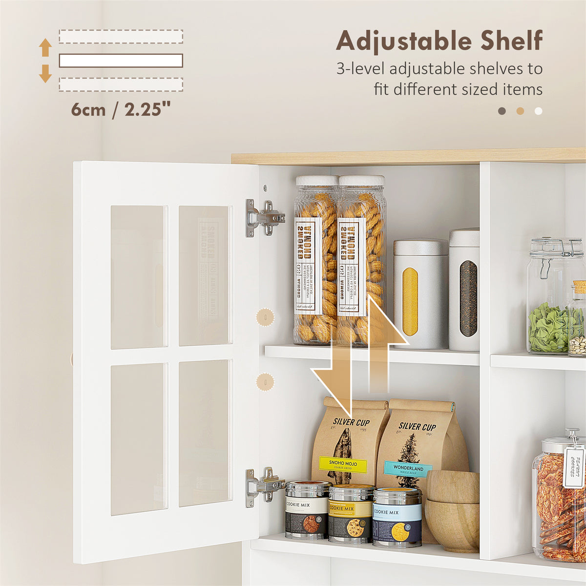 Kitchen Buffet with Hutch, Storage Pantry with 3 Cabinets, 2 Open Shelves and Large Countertop, Black