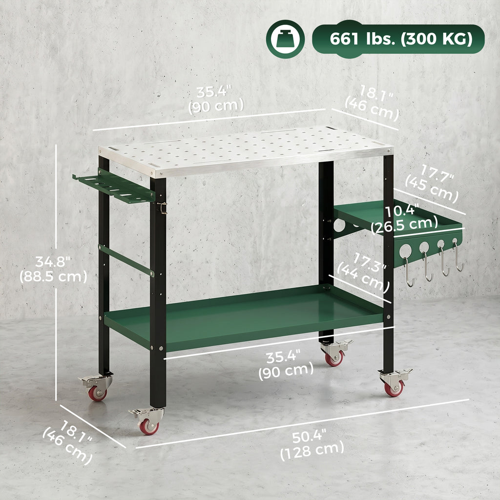 2Tier Rolling Welding Table, Lockable Steel Heavy Duty Welding Workbench Table with Side Tray, Silver & Green