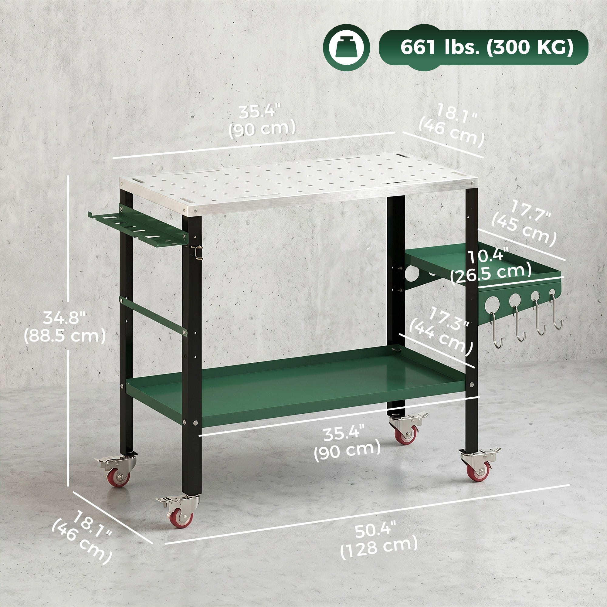 2Tier Rolling Welding Table, Lockable Steel Heavy Duty Welding Workbench Table with Side Tray, Silver & Green