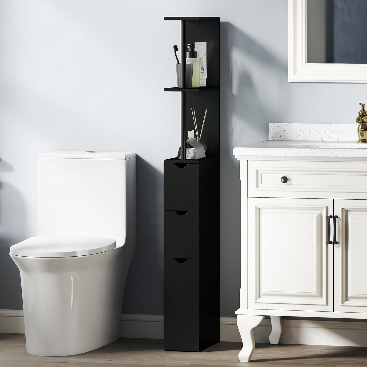 Tall Bathroom Storage Cabinet, Narrow Bathroom Cabinet with Drawers and Open Shelves for Small Spaces, Brown