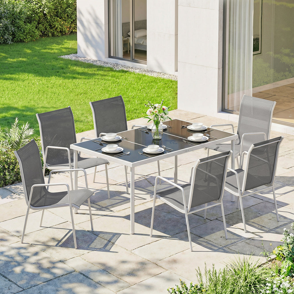 7 Piece Garden Dining Set, Garden Furniture Set with Rectangle Table and 6 Stackable Chairs