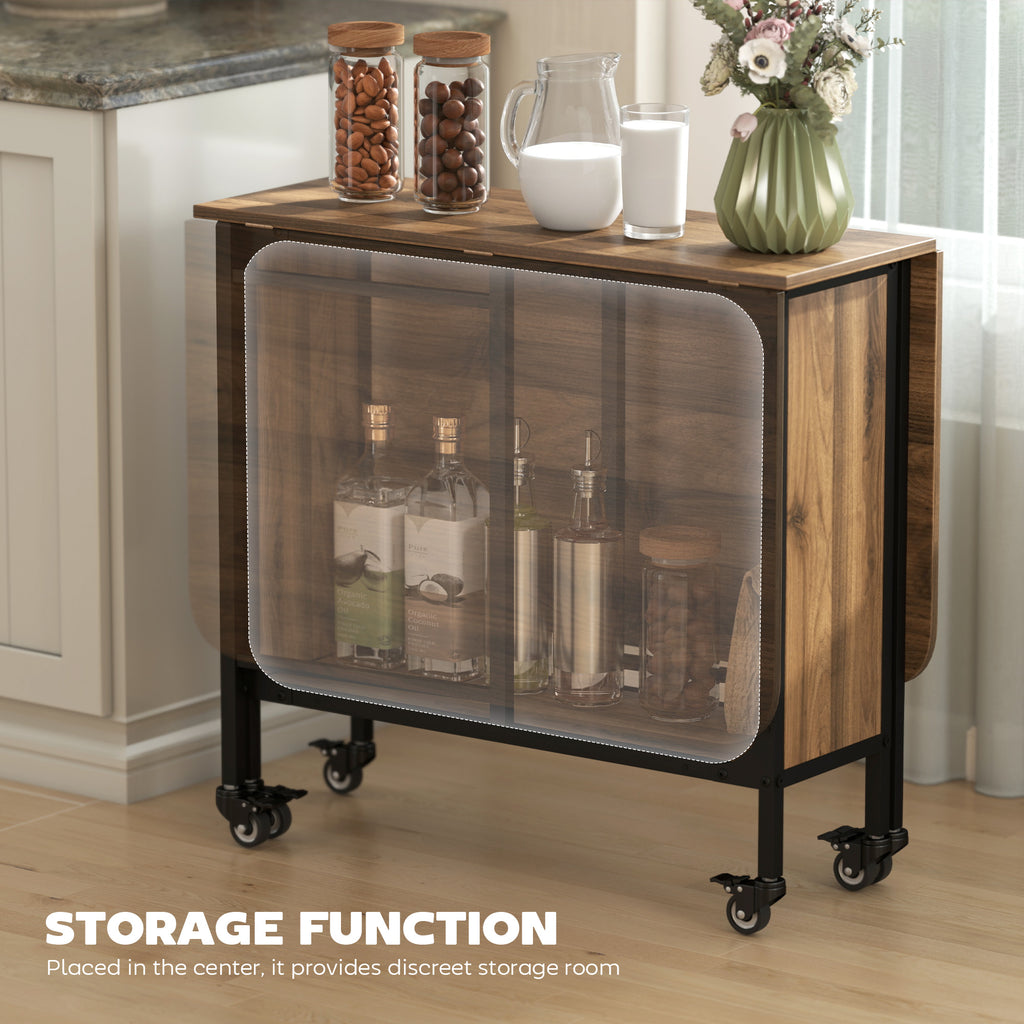 Folding Dining Table, Extendable Kitchen Table for Small Spaces with Storage Shelf and 6 Wheels, Brown Wood Grain