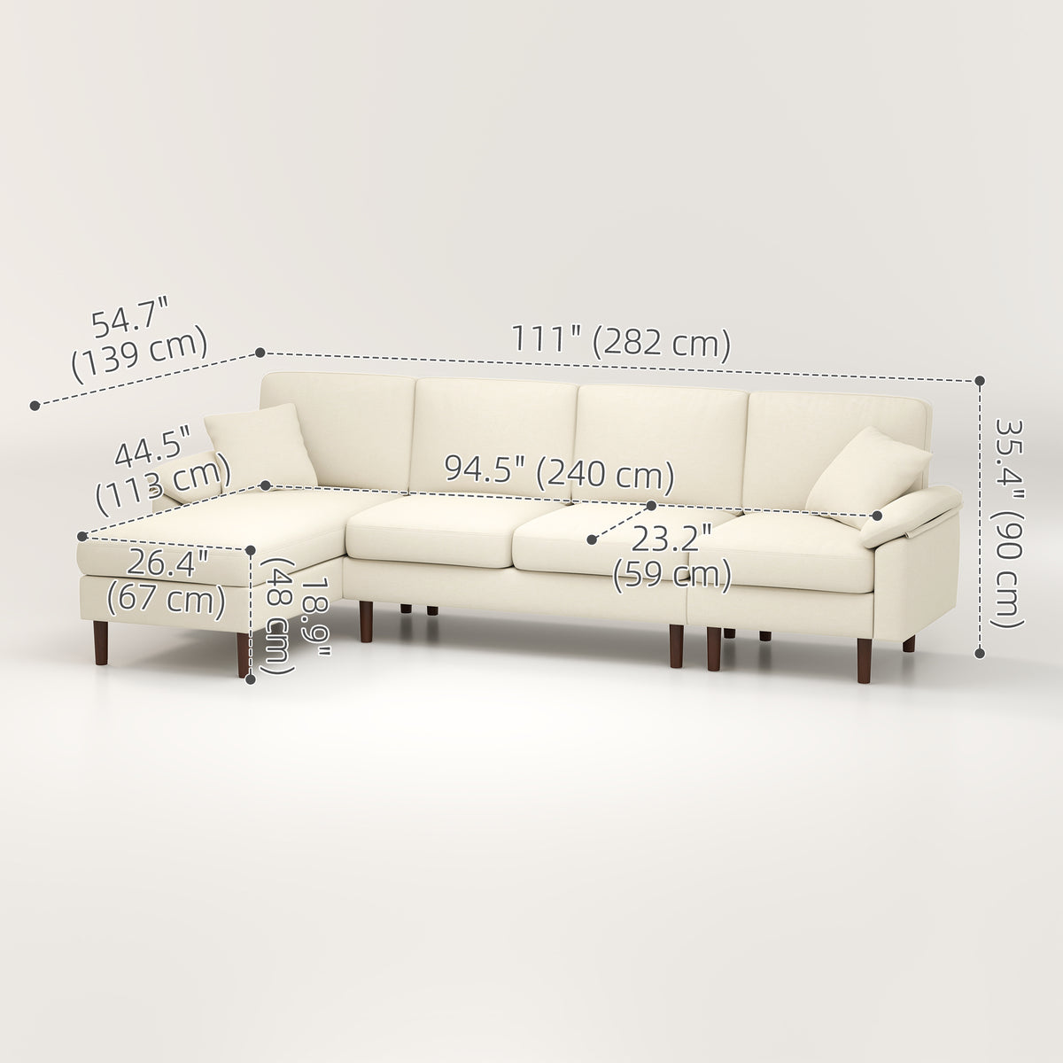 L-Shape Sofa, Modern Sectional Couch with Changeable Chaise Lounge, Pillows and Wooden Legs for Living Room, Cream White