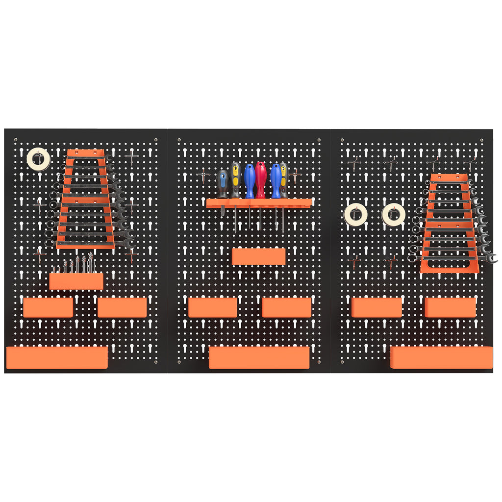 33 Piece Metal Pegboard Panels, Peg Board with 16 Hooks, Bins and Racks, Black and Orange