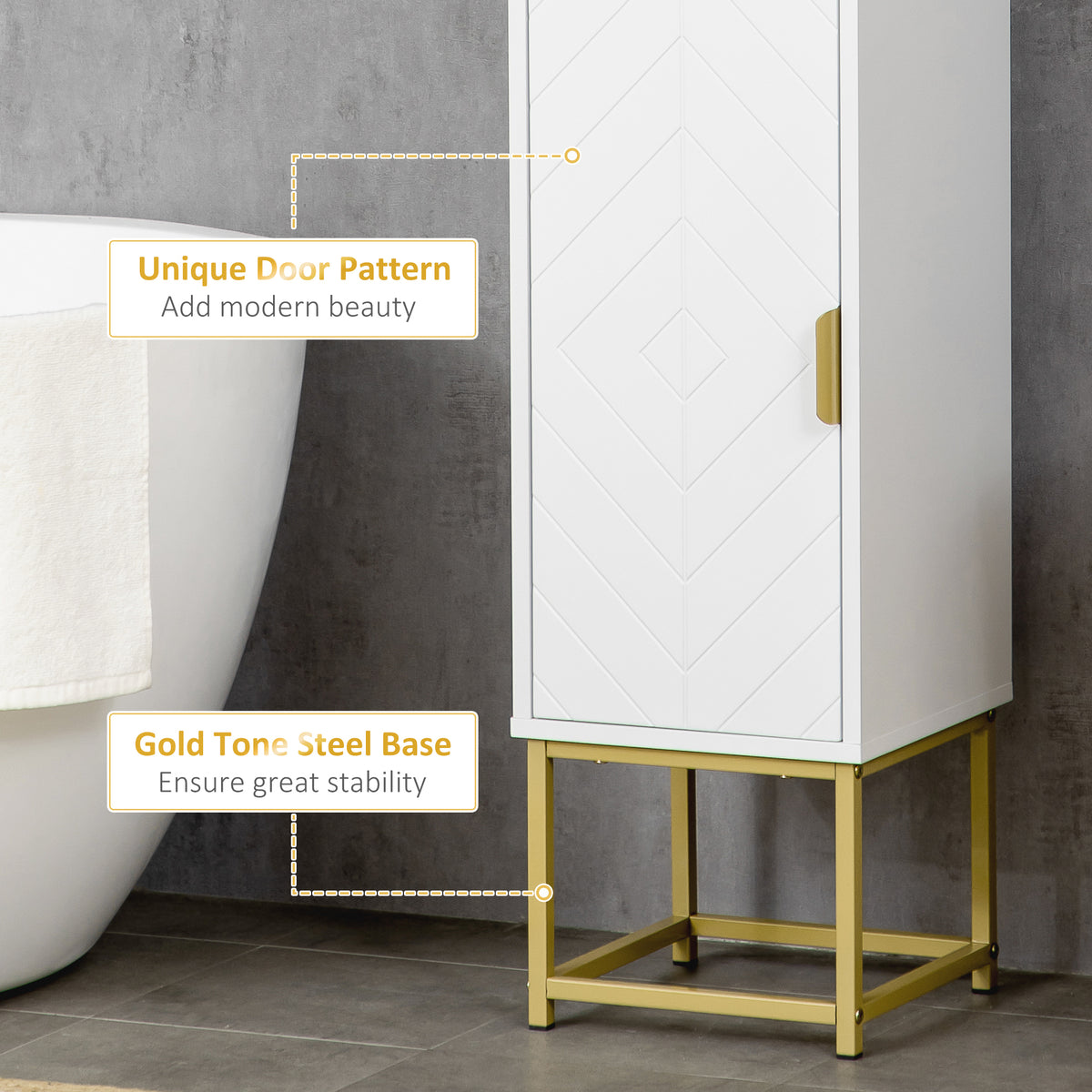 Tall Bathroom Storage Cabinet, Modern Narrow Bathroom Cabinet with Diamond Chevron Pattern and Adjustable Shelf, White