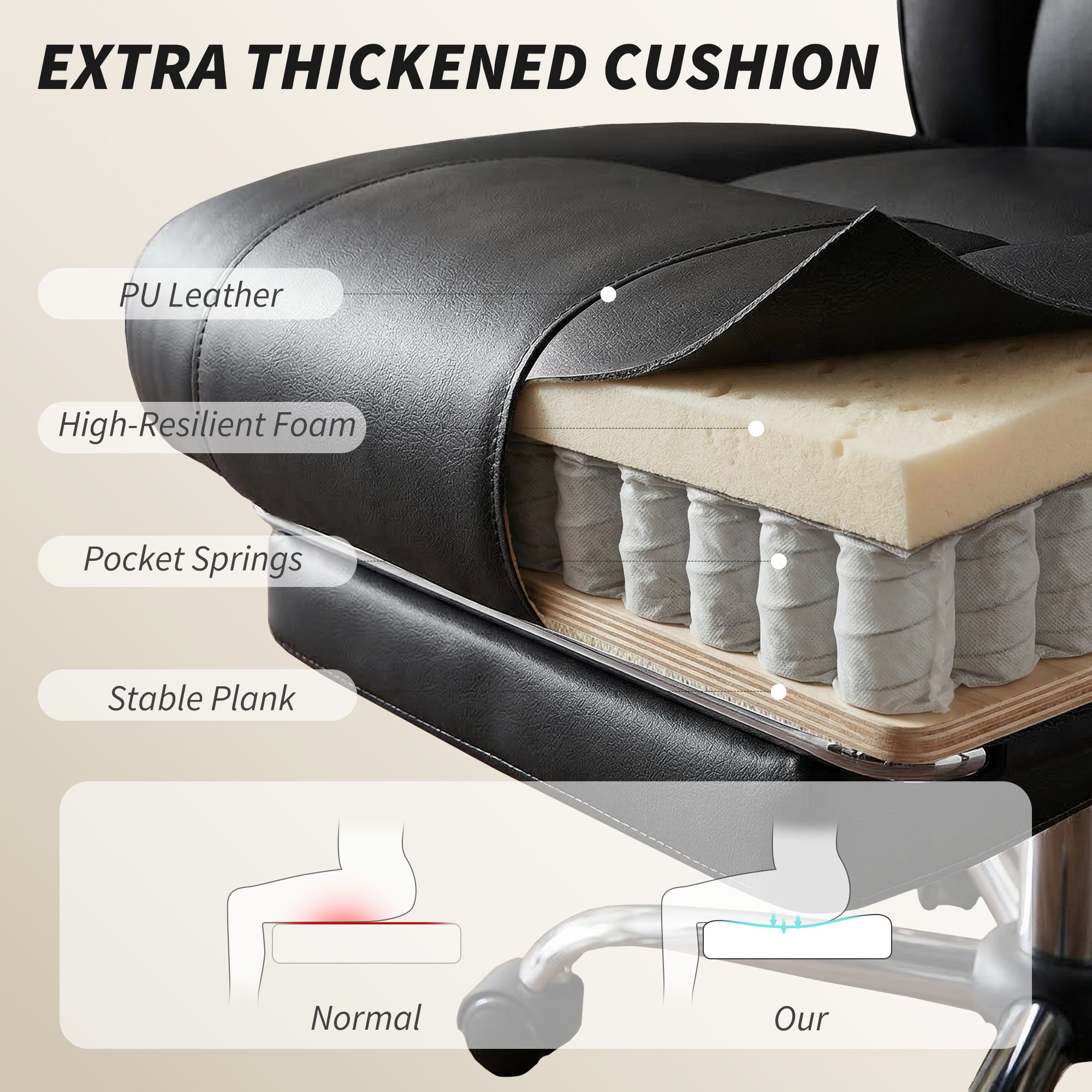 Reclining Office Chair, Overstuffed Executive Desk Chair with High Back, PU Leather, Footrest, Swivel Wheels, Black