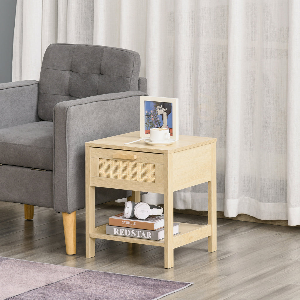 Narrow Nightstand with Rattan Elements, Bedside Table with Drawer and Storage Shelf for Bedroom, Natural