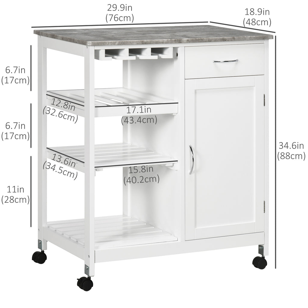 Rolling Kitchen Cart, Bar Cart on Wheels with Wine Rack, Drawer, Open Shelves, Cabinet and Faux Marble Top, Kitchen Island with Storage, White
