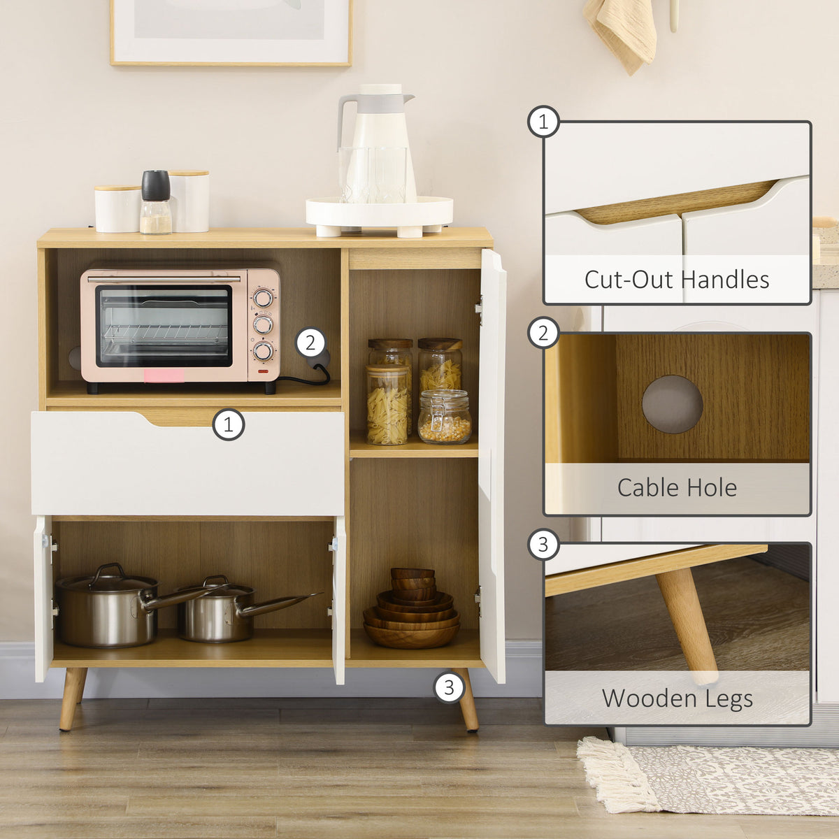 Modern Microwave Stand, Microwave Cabinet with Drawer, Storage Cupboards and Cable Hole for Kitchen, Dining Room, White