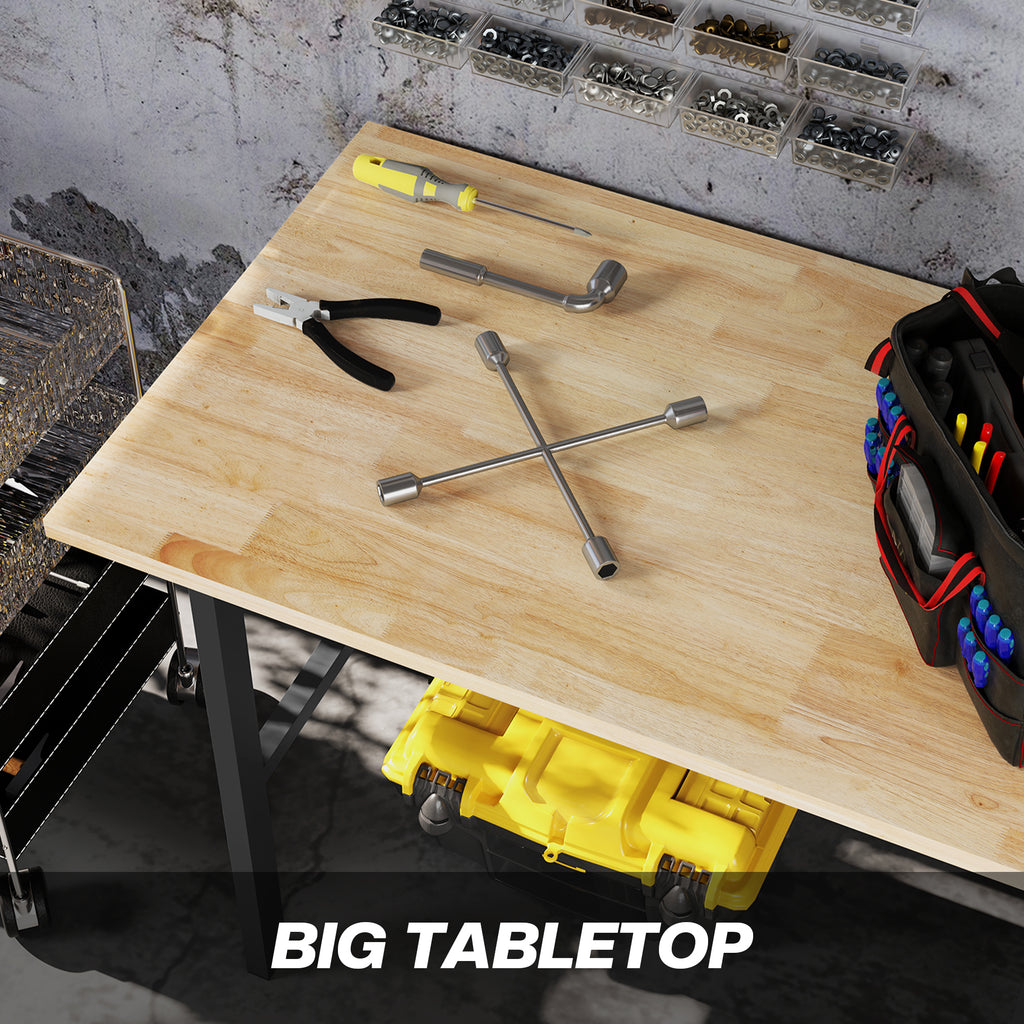46" Work bench Table Oak Wood Top, Heavy-Duty Steel Work Table High Stability Workstation, Natural Wood