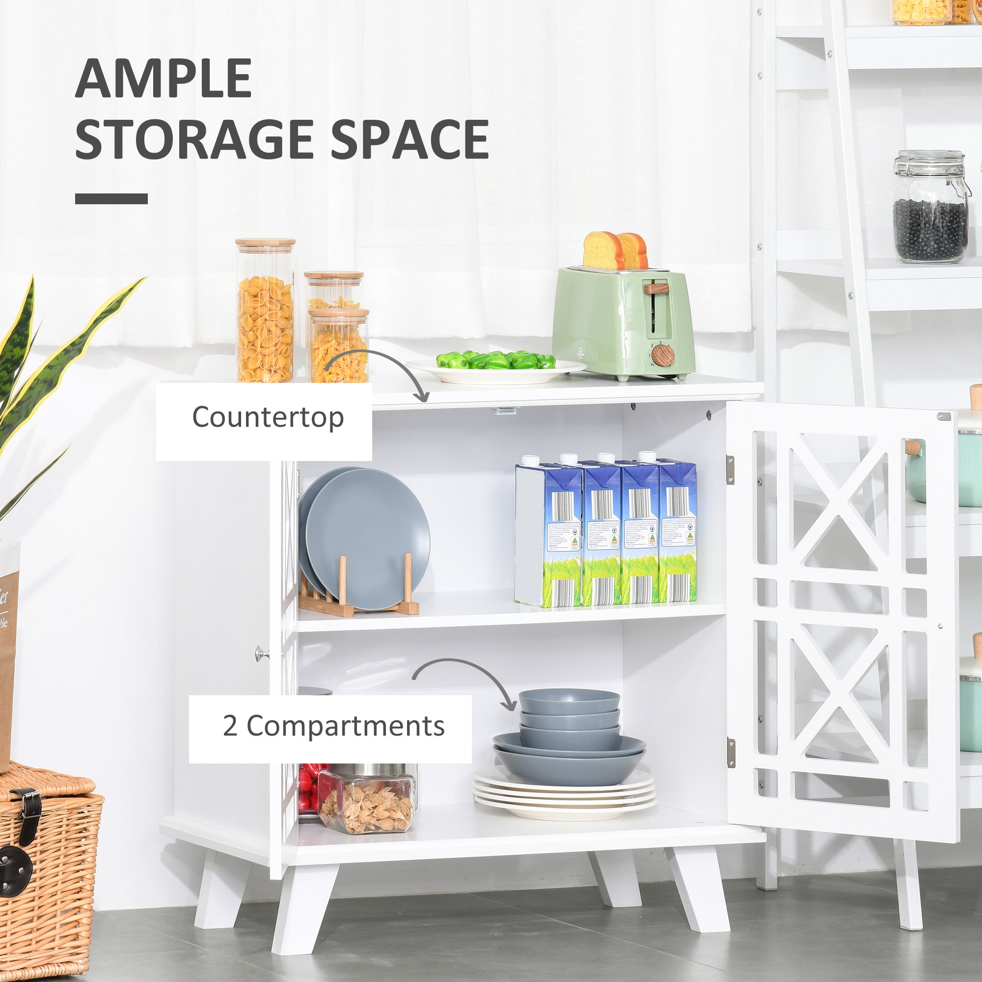 Storage Cabinet with Fretwork Doors and Shelf, Modern Freestanding Sideboard, Buffet, White