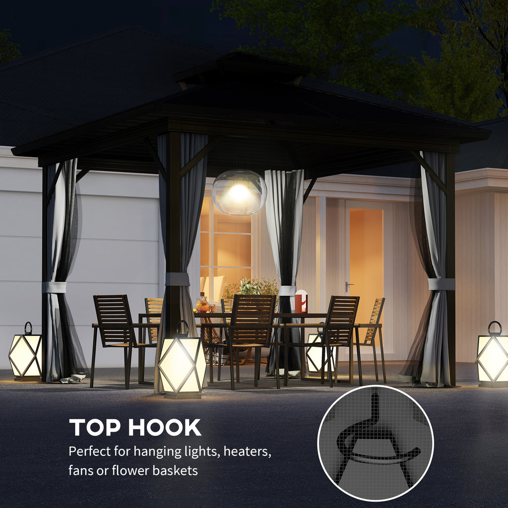 10' x 12' Hardtop Gazebo, Sun Shelter with Double Tier Metal Roof, Mosquito Netting, and Hanging Hook, Light Grey