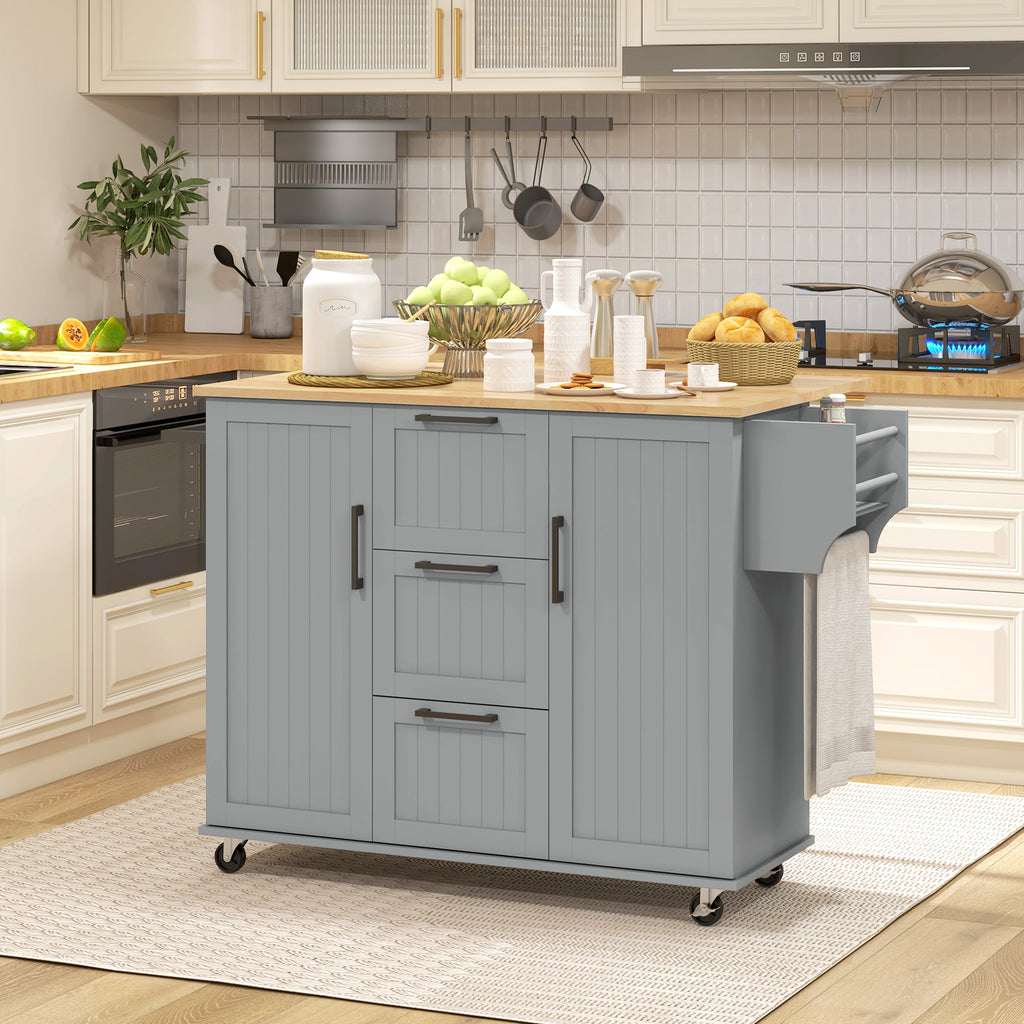 Rolling Kitchen Cart on Wheels with Drop Leaf, Kitchen Island with 3 Drawers, Solid Wood Top and Towel Rack, White