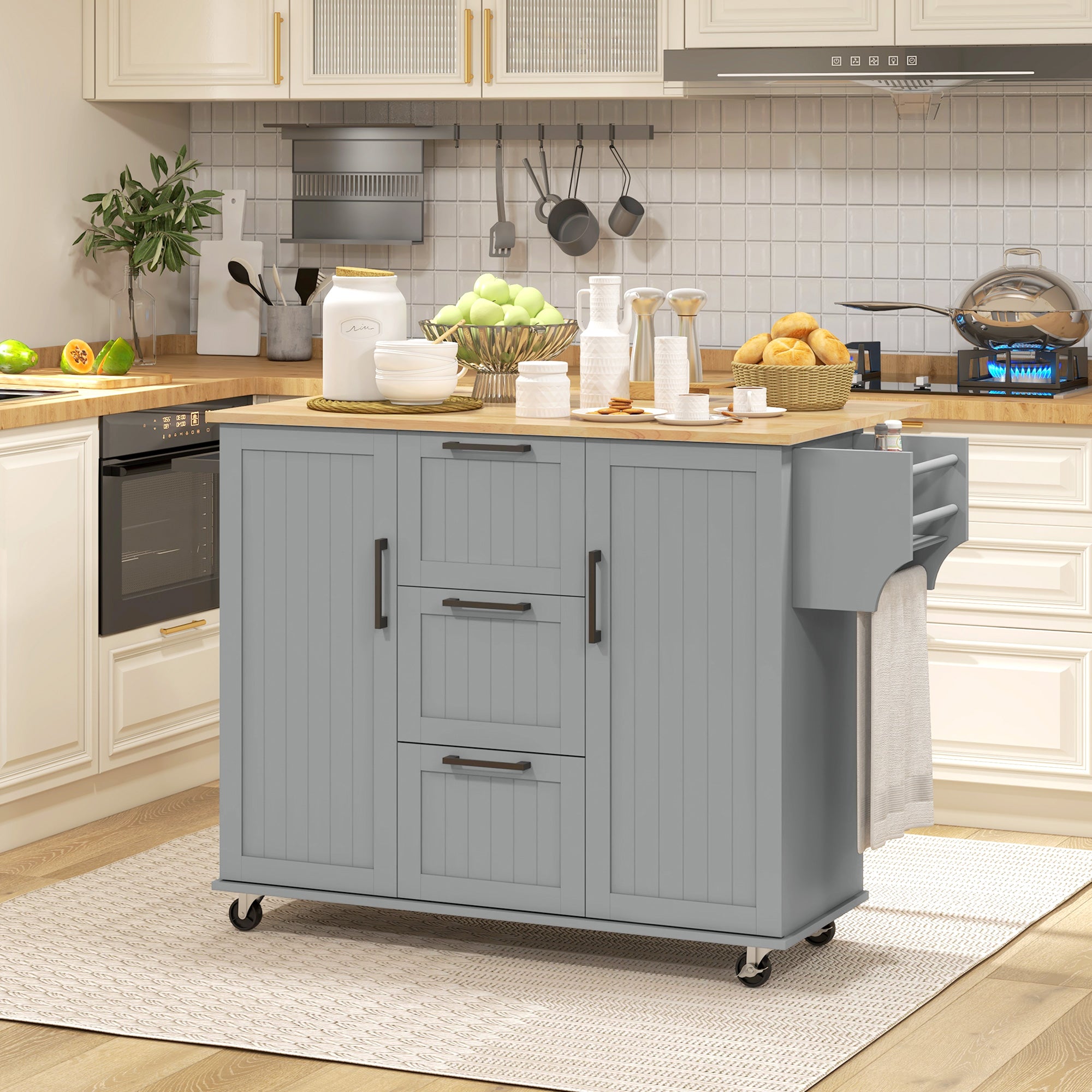 Rolling Kitchen Cart on Wheels with Drop Leaf, Kitchen Island with 3 Drawers, Solid Wood Top and Towel Rack, White