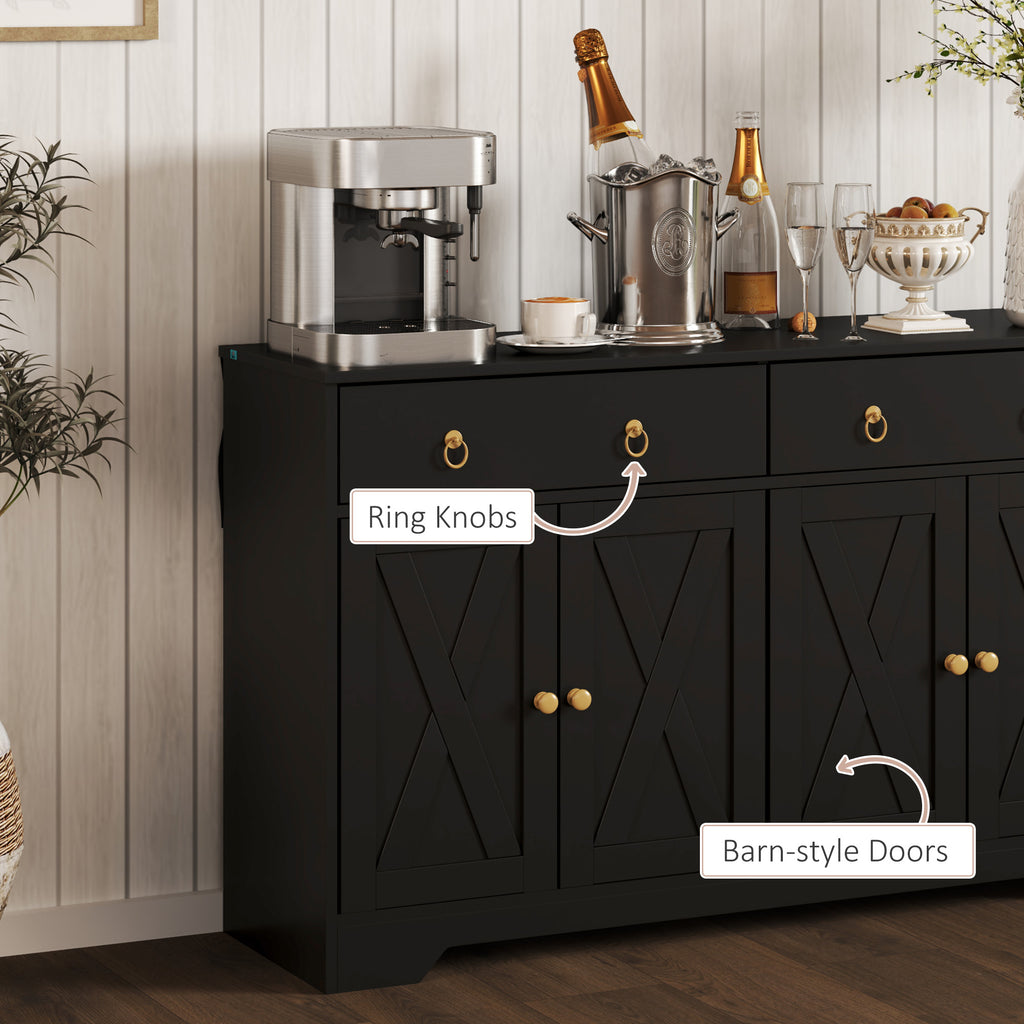 Sideboard Cabinet with 2 Drawers, 4 Barn Doors and 2 Adjustable Shelves, Buffet Table for Living Room, Black