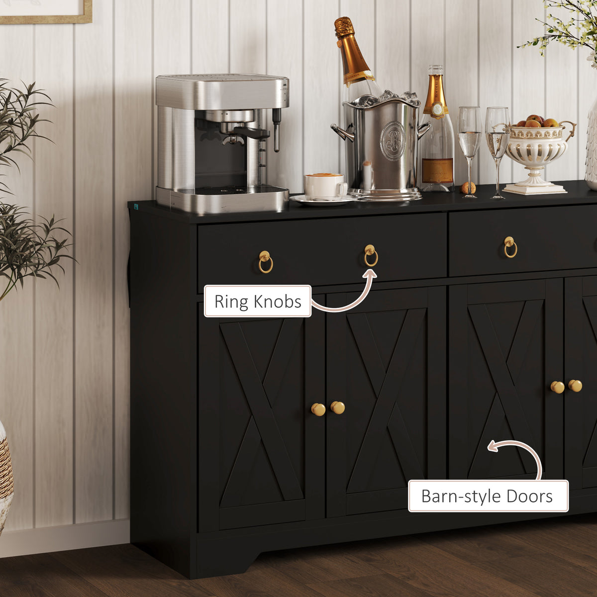 Sideboard Cabinet with 2 Drawers, 4 Barn Doors and 2 Adjustable Shelves, Buffet Table for Living Room, Black