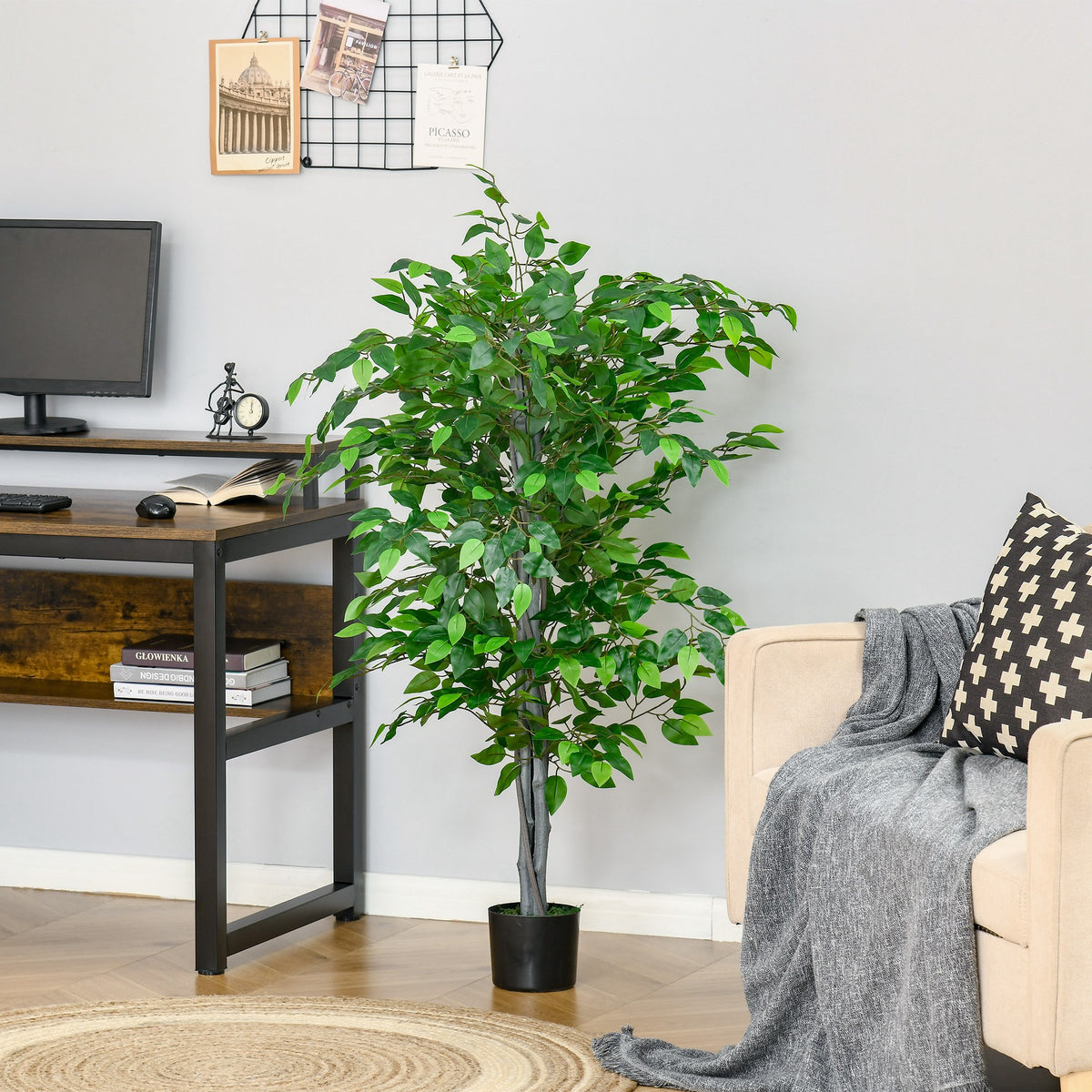 4.5ft Ficus Artificial Plant with Realistic Leaves, Potted Fake Tree for Home Office Indoor Decor, Green