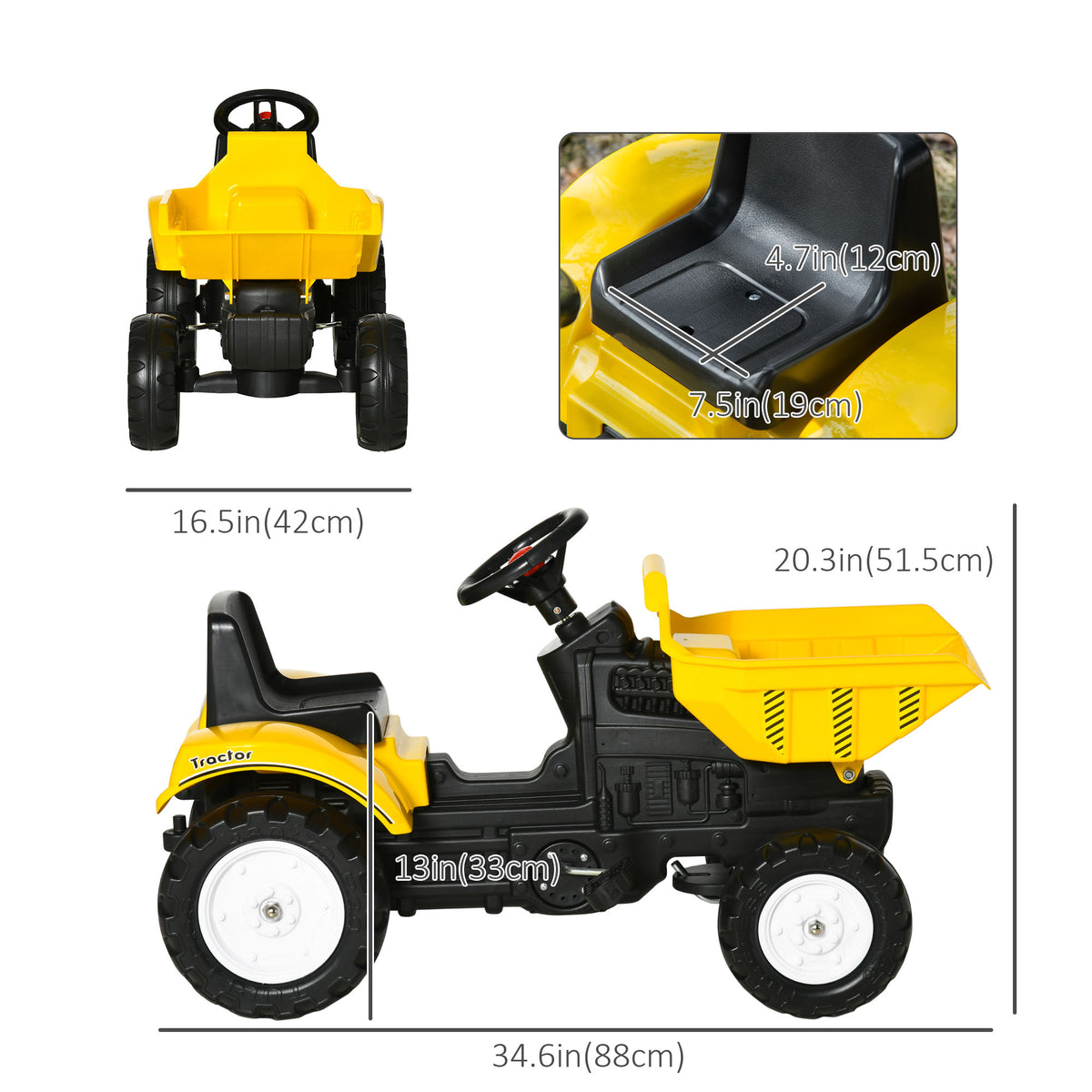 Aosom Ride on Tractor for Kids, Pedal Construction Car with Manual Control Bucket for 3 Years Old, Yellow