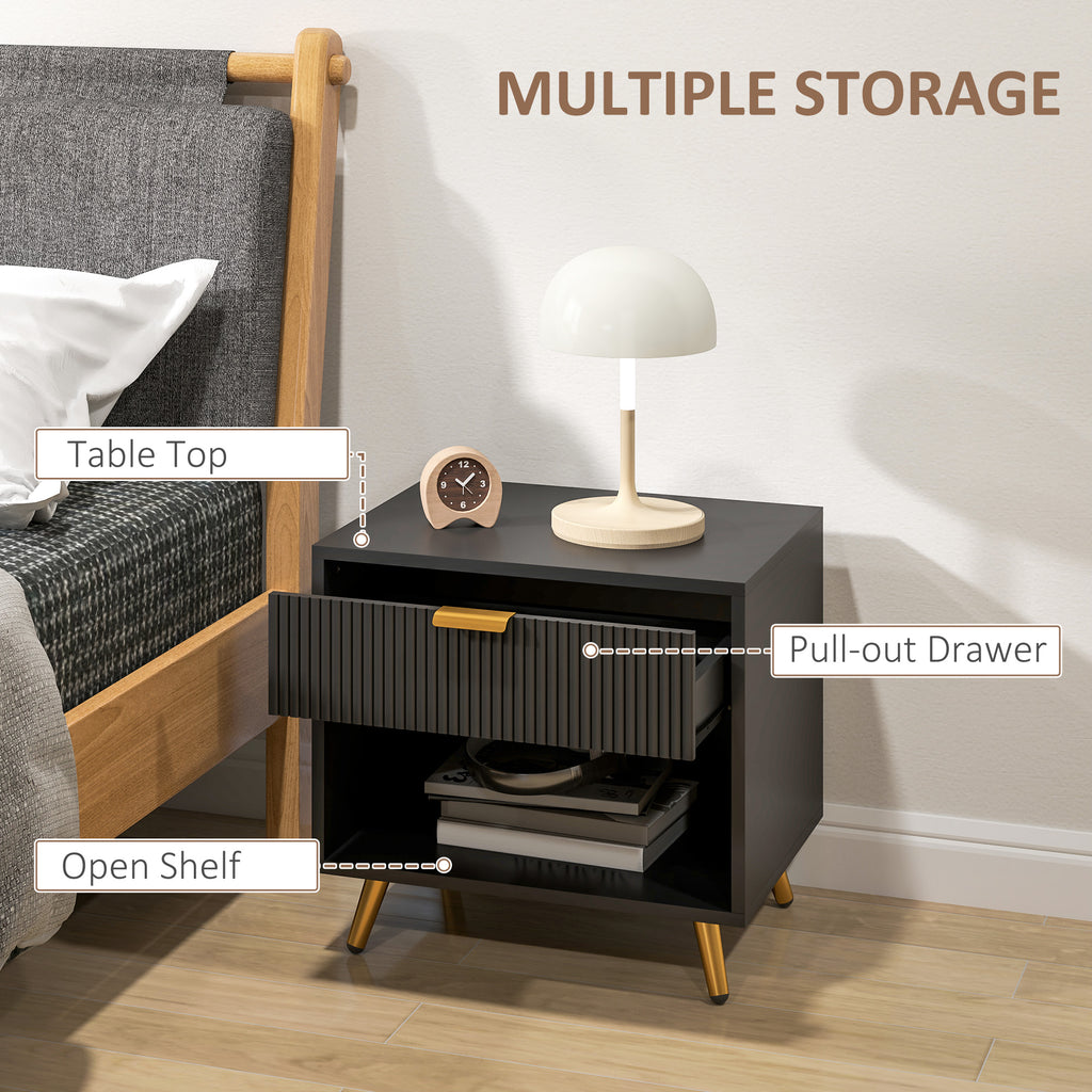 Nightstand with Fluted Panel, Bedside Table with Drawer and Open Compartment, Modern Night Table for Bedroom, Black