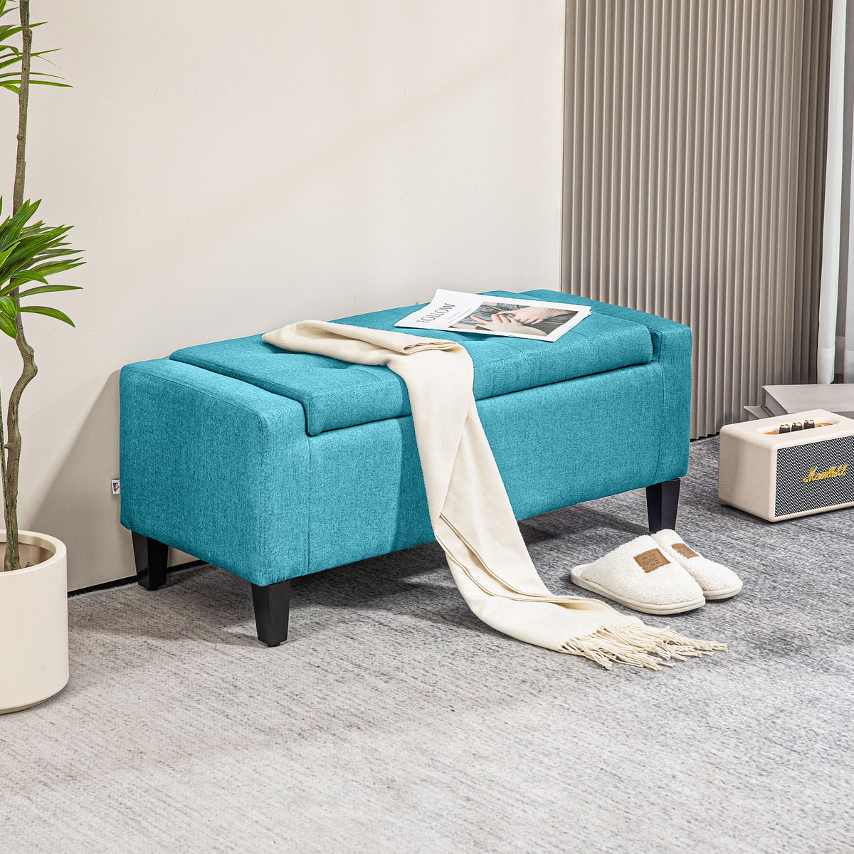 Storage Ottoman Bench, Linen Upholstered Bench with Tufted Design, Brown
