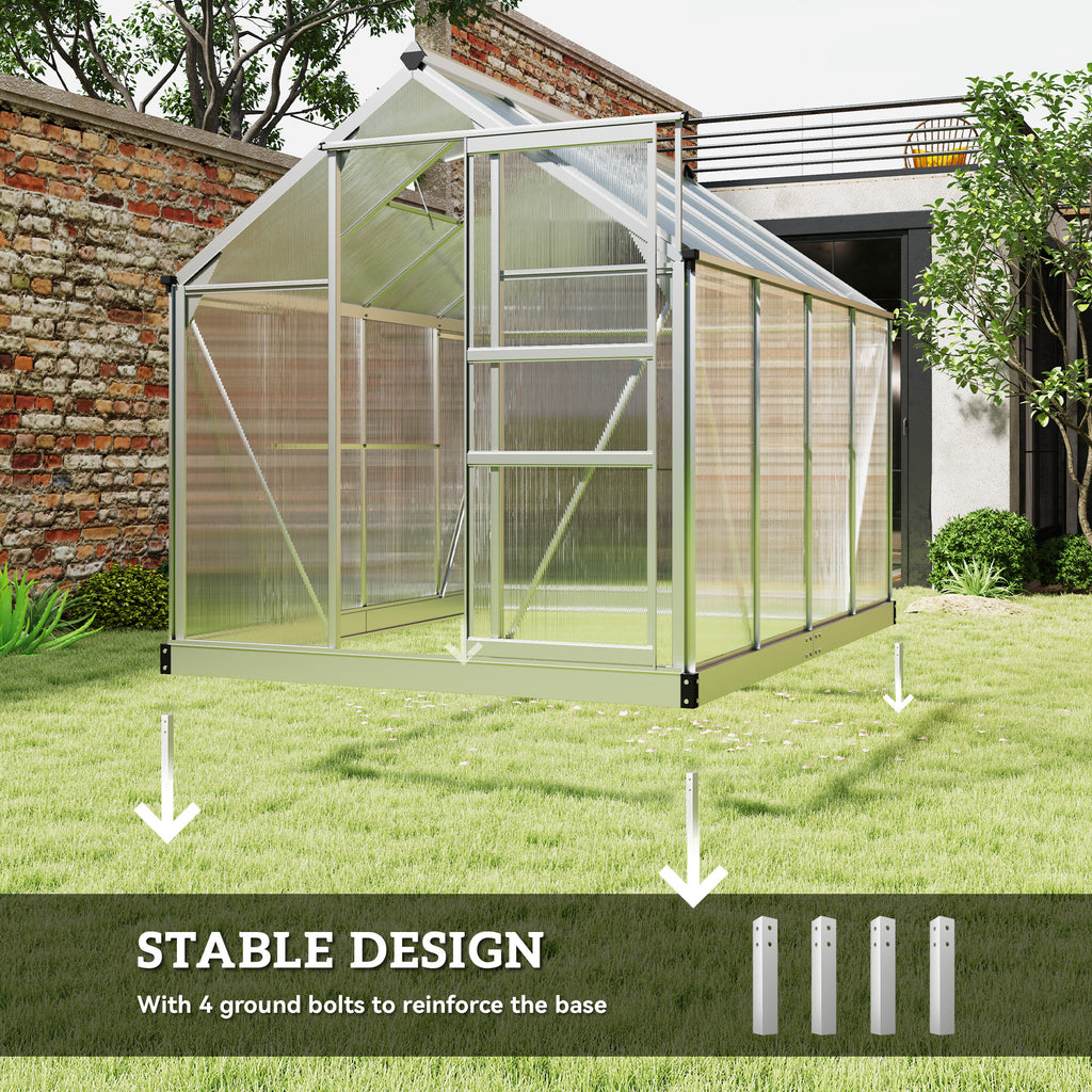 6' x 4' x 6.6' Polycarbonate Greenhouse, Walk-In Green House Kit Garden, Plants Grow, Galvanized Sheet Aluminum Frame with Rain Gutter, Vent and Sliding Door, Silver