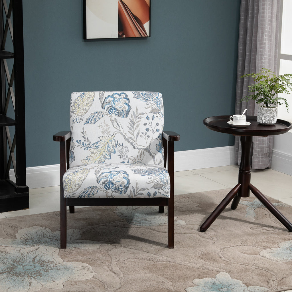 Mid-Century Modern Accent Chair Retro Fabric Armchair Wooden Arm Upholstered Lounge Chair for Living Room Floral