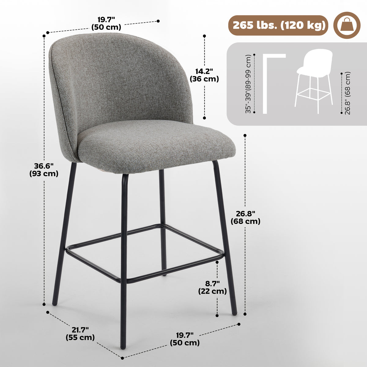 طقم من 2 كراسي بار مرتفعة (Counter Height)، كراسي بار من الكتان المنجد مع مسند ظهر ومسند قدم وأرجل فولاذية، رمادي داكن