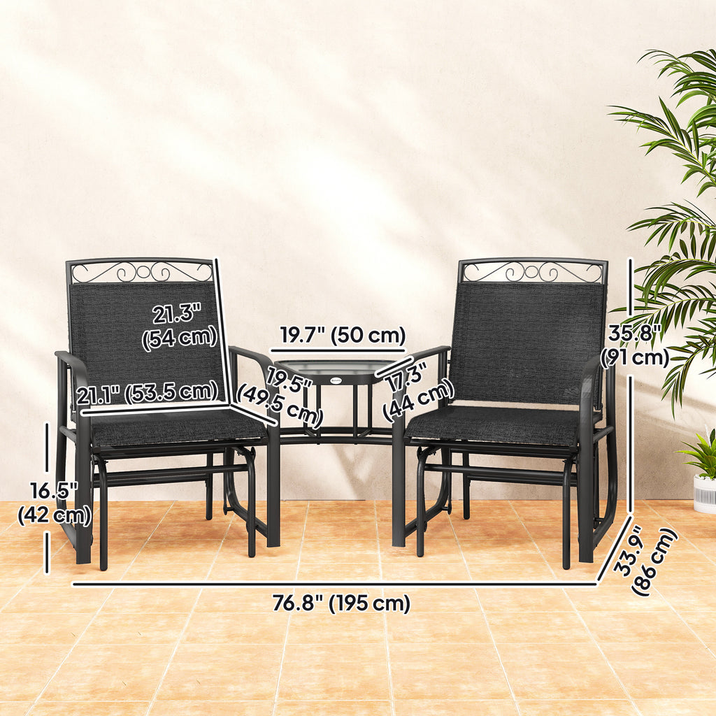 Outdoor Glider Bench with Coffee Table, Patio 2-Seat Rocking Chair Swing Loveseat with Breathable Sling for Backyard Garden Porch, Brown