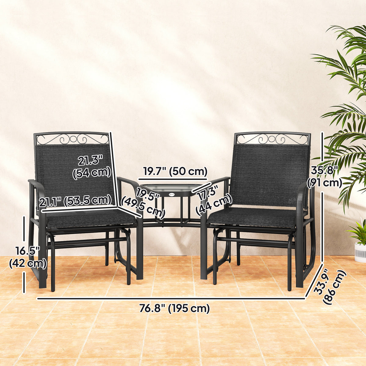 Outdoor Glider Bench with Coffee Table, Patio 2-Seat Rocking Chair Swing Loveseat with Breathable Sling for Backyard Garden Porch, Brown